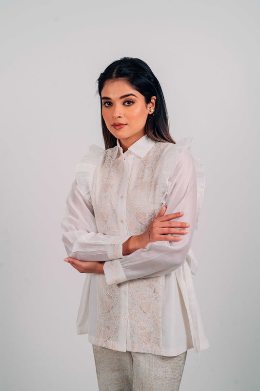 White Chanderi Silk Tie-Up Shirt