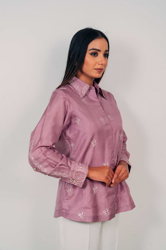 Lilac Pure Silk Highlighted Chikankari Shirt