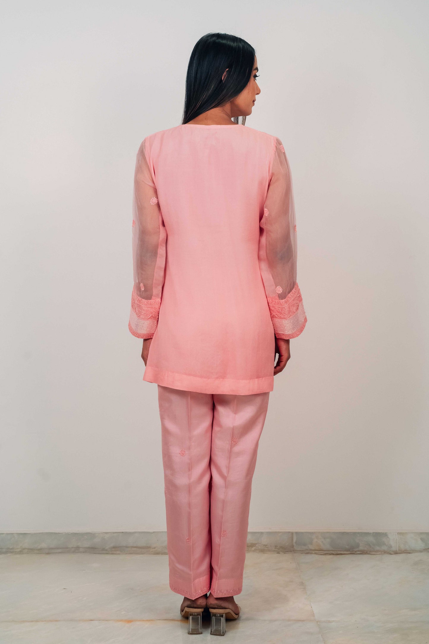 Pink Organza and Silk Chikankari Co-Ord Set