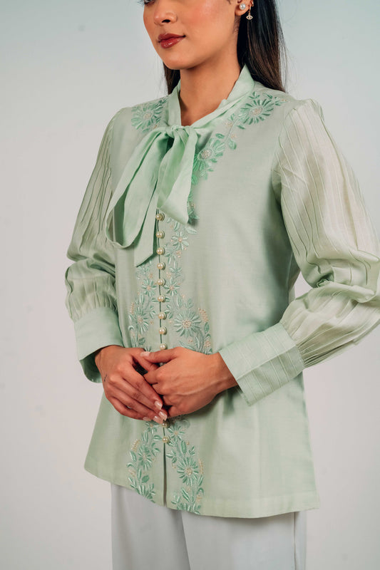 Pistachio Green Chanderi Silk Pearl Button Shirt