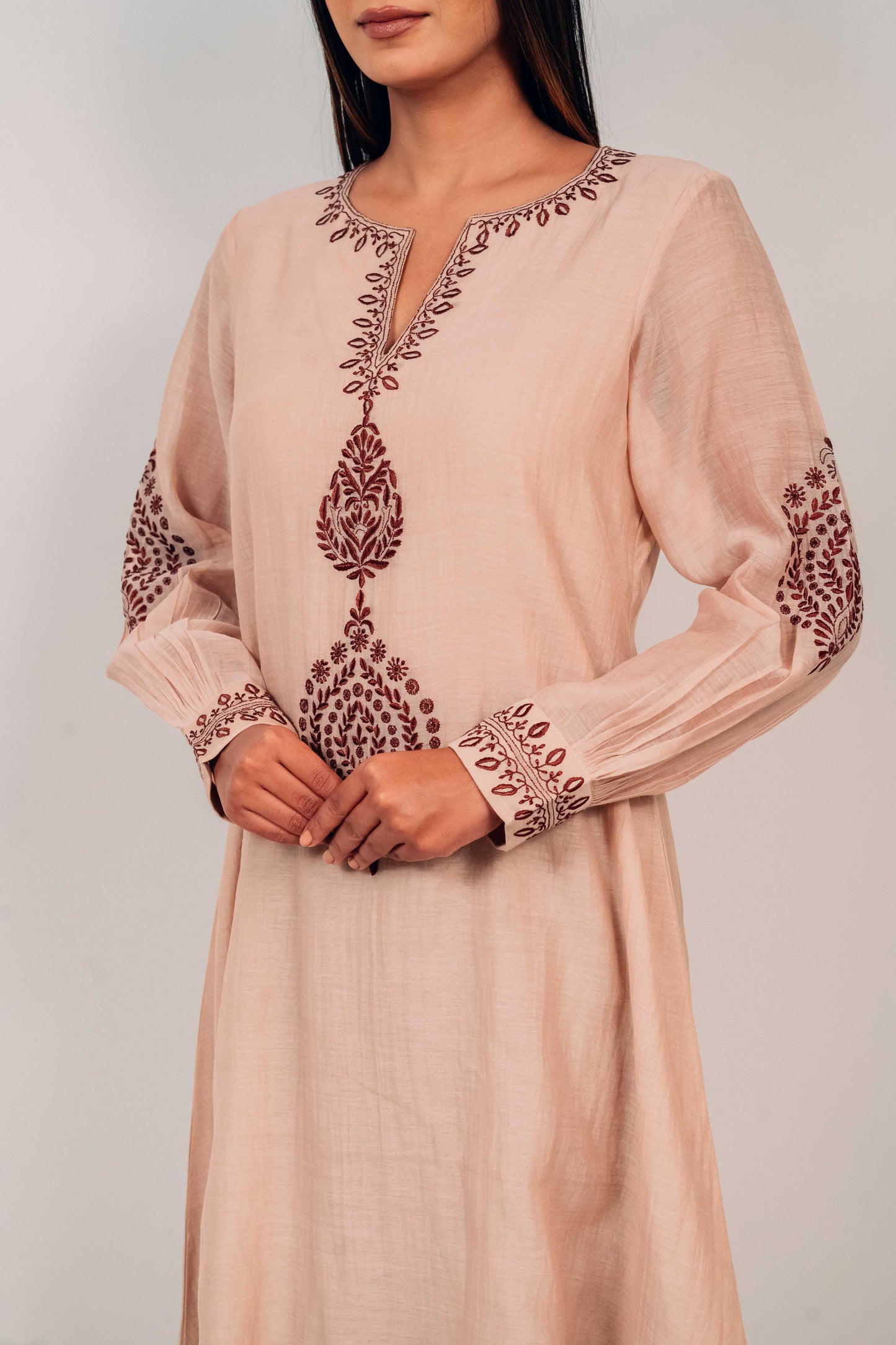 Mute Peach Mul Chanderi Double Frill Long Dress