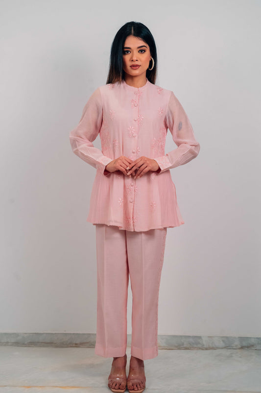 Baby Pink Mul Chanderi Gather Detail Co-Ord Set