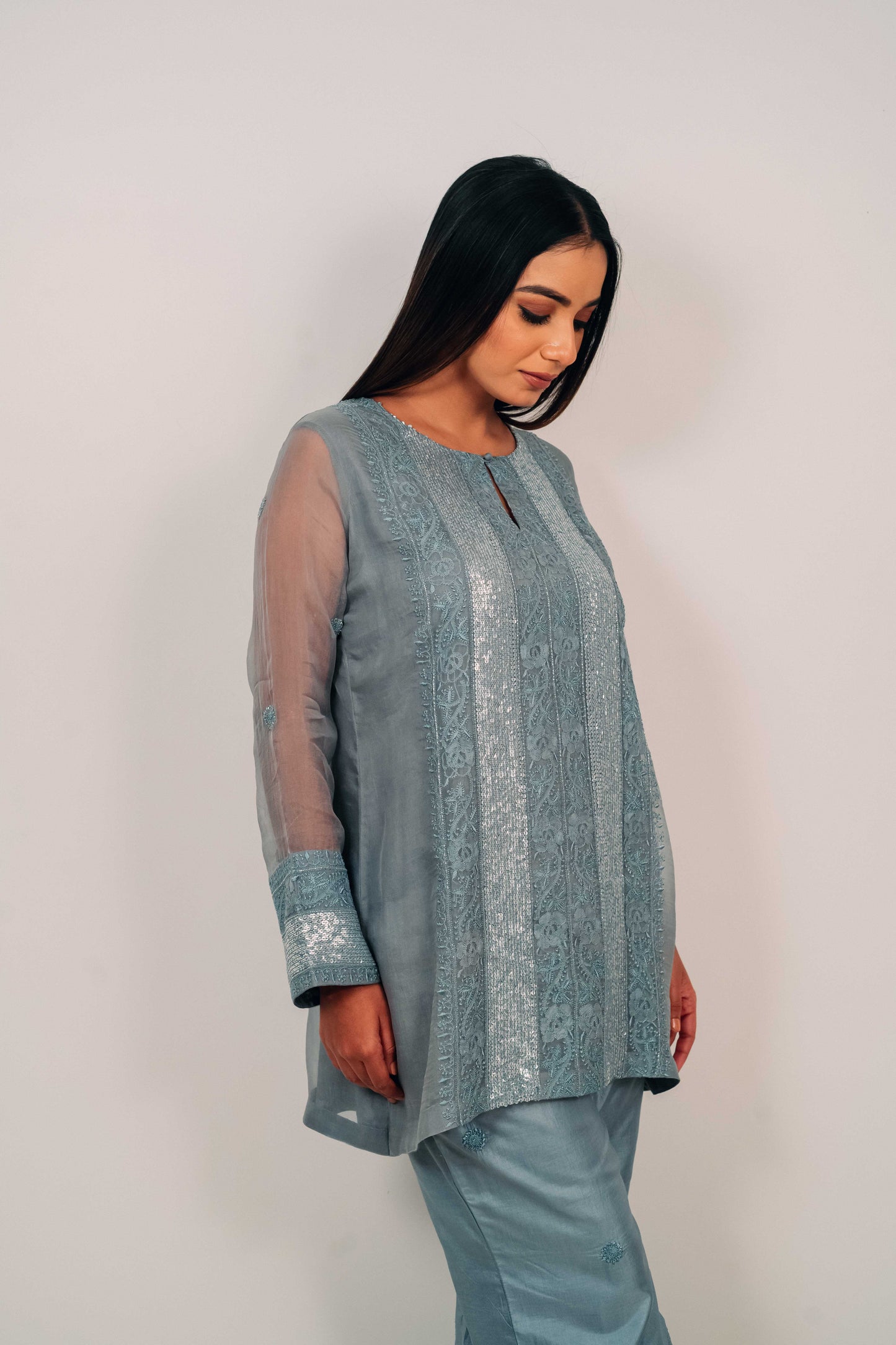 Slate Grey Organza and Silk Chikankari Co-Ord Set