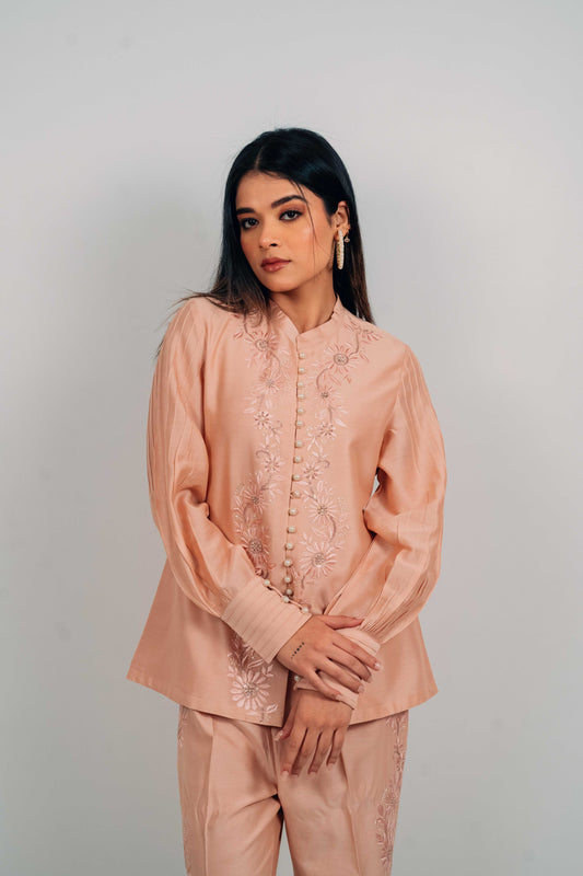 Peach Chanderi Silk Pearl Button Shirt
