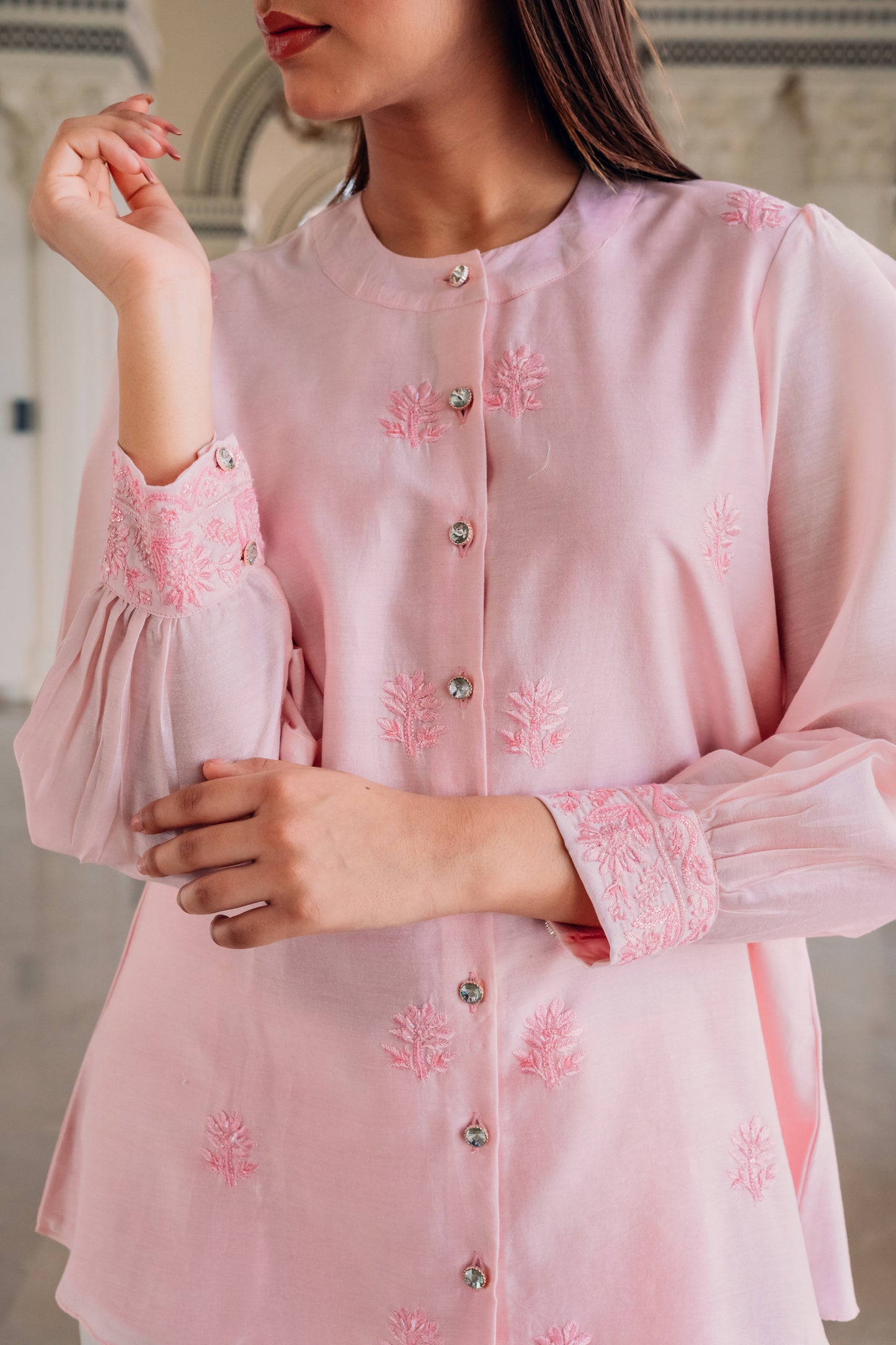 Baby Pink Chanderi Silk Highlighted Chinese Collar Shirt