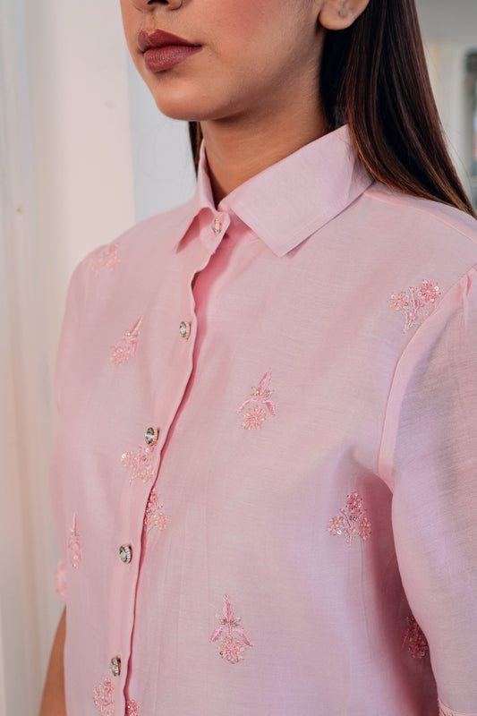 Baby Pink Chanderi Silk Highlighted Half Sleeve Collar Shirt