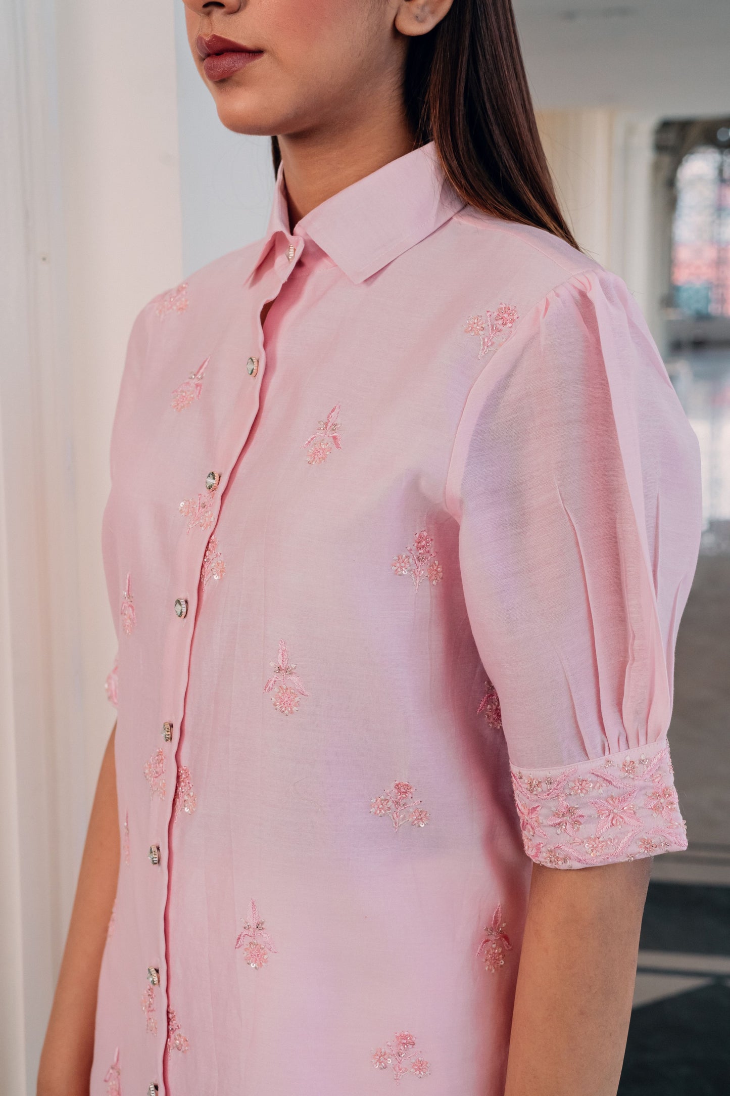 Baby Pink Chanderi Silk Highlighted Half Sleeve Collar Shirt