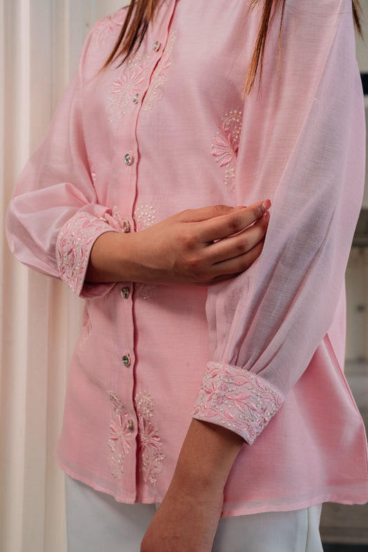 Baby Pink Chanderi Silk Chinese Collar Shirt