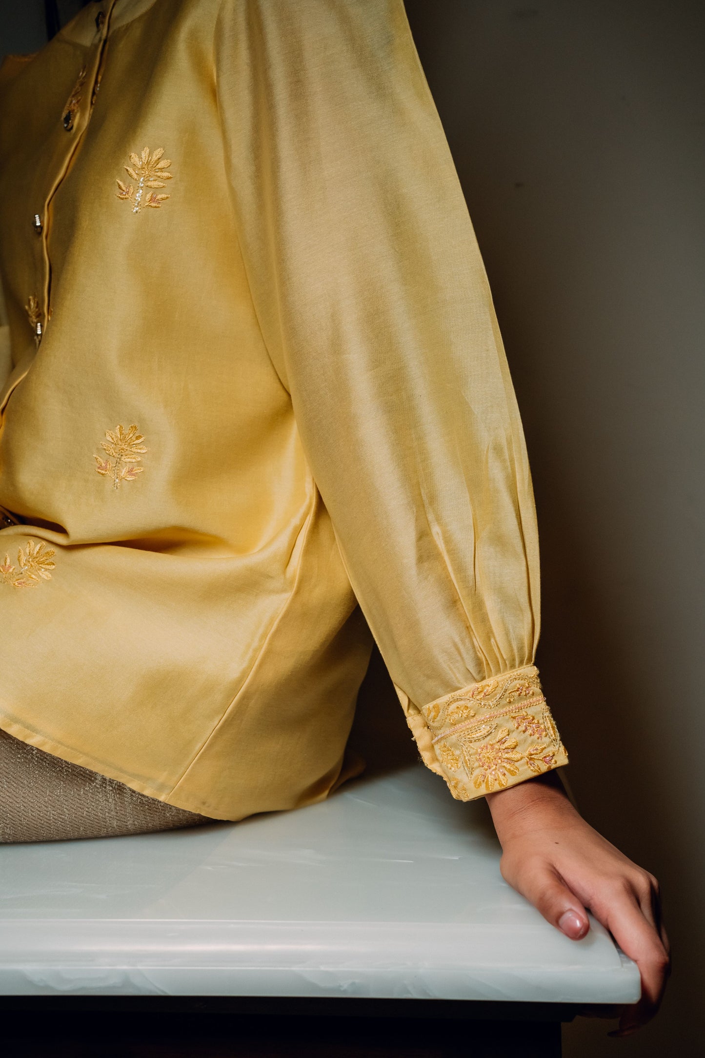 Yellow Chanderi Silk Highlighted Chinese Collar Shirt