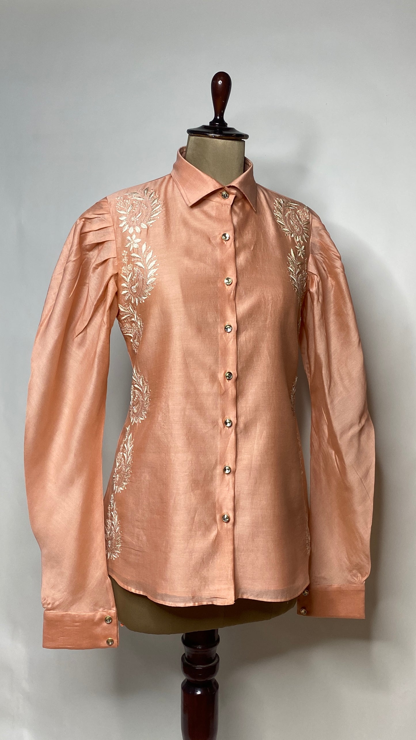 Peach Leg O Mutton Sleeve Chikankari Shirt