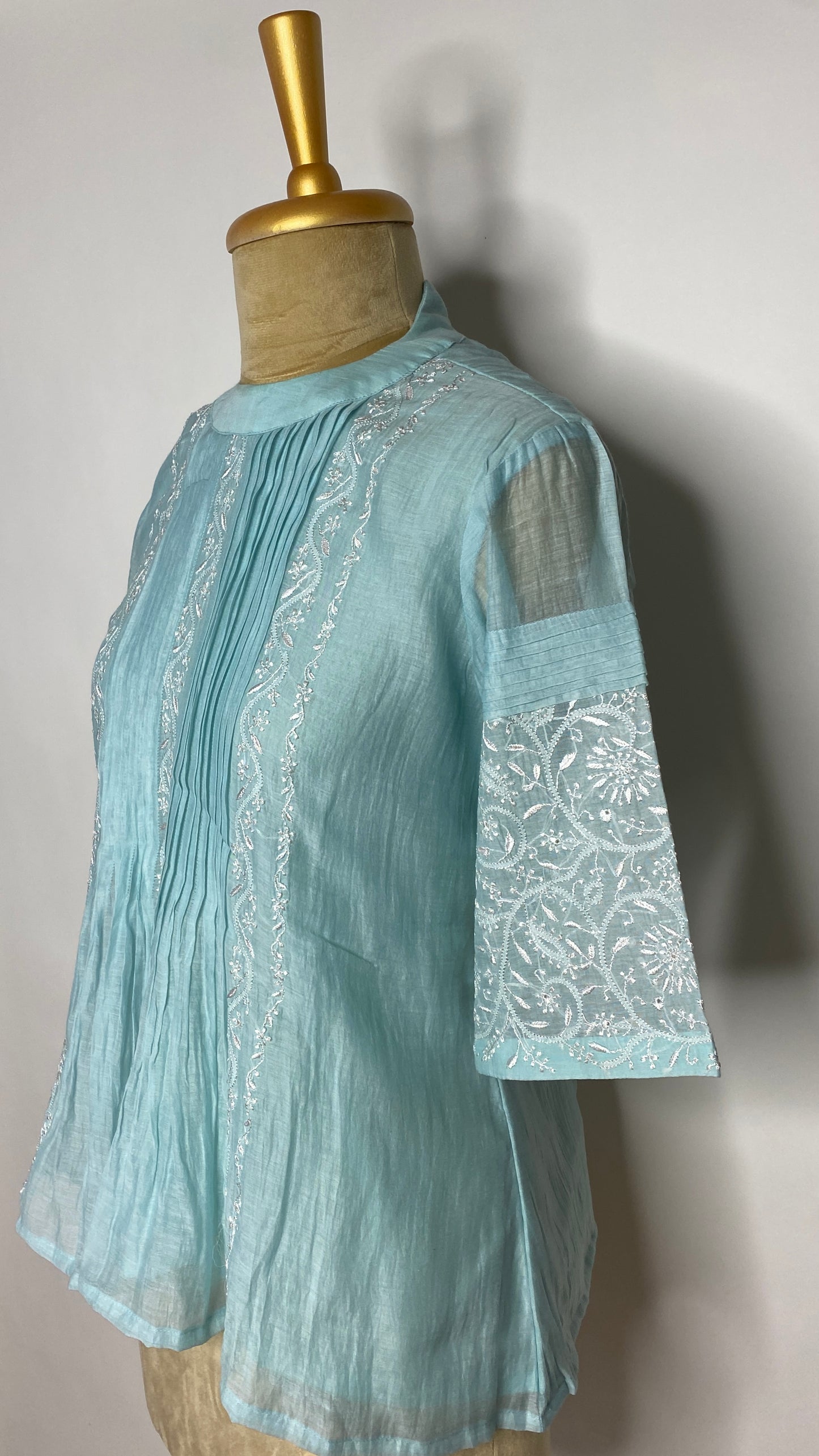 Sky Blue Pleated Chikankari Half Sleeve Top