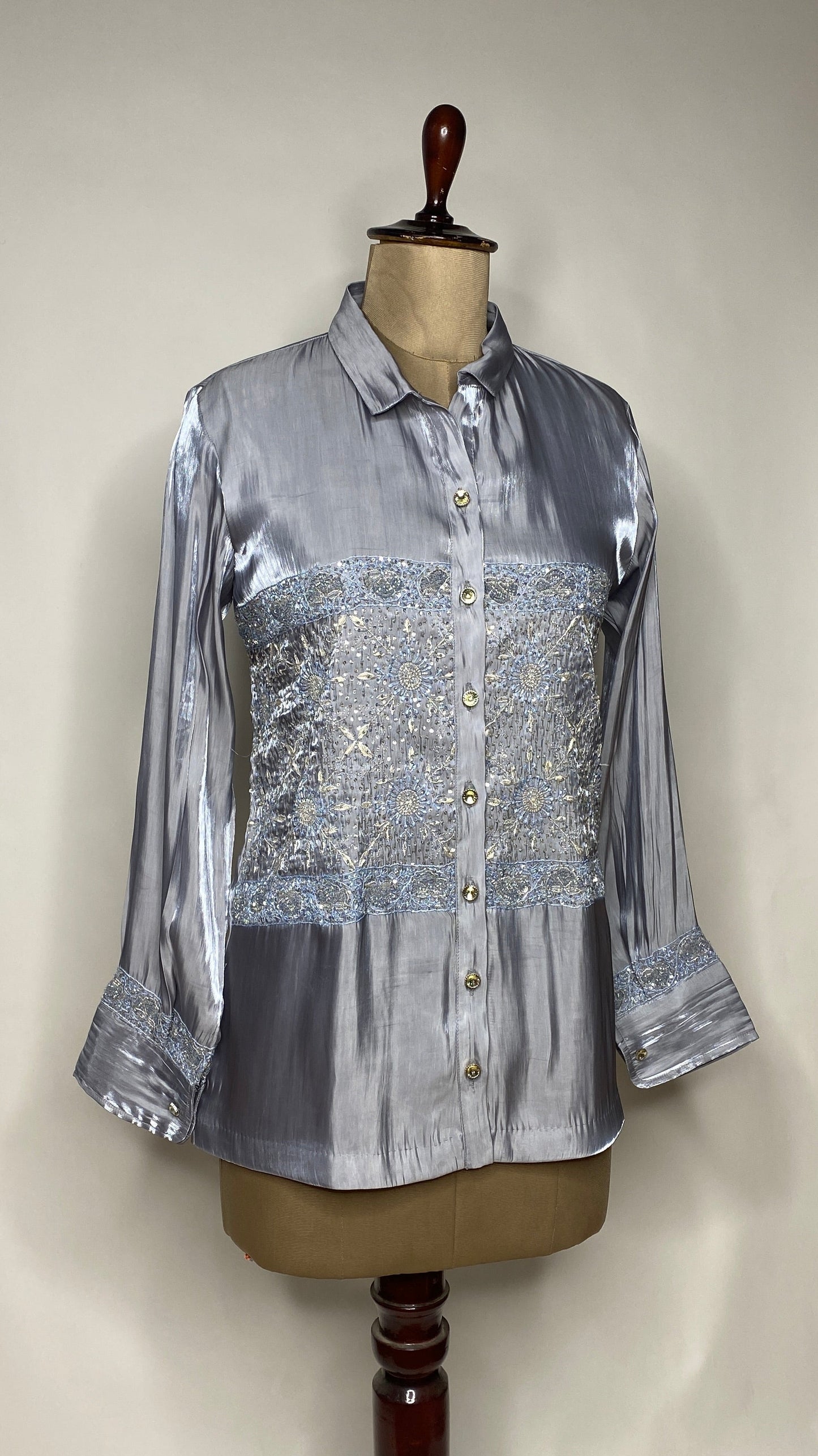 Ice Blue Glass Tissue Chikankari Shirt
