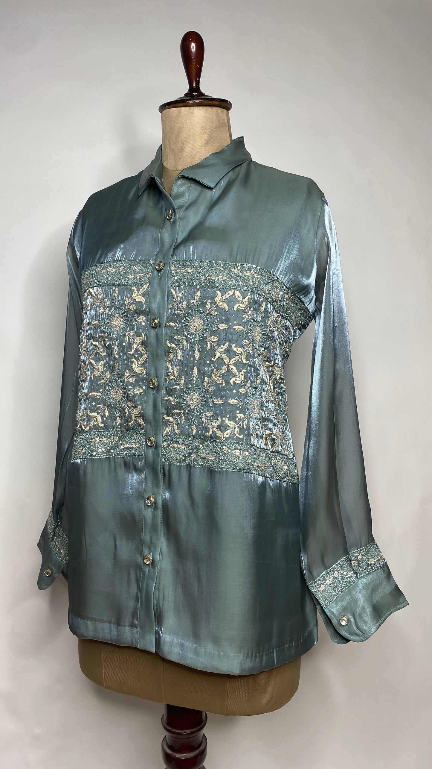 Teal Glass Tissue Chikankari Shirt