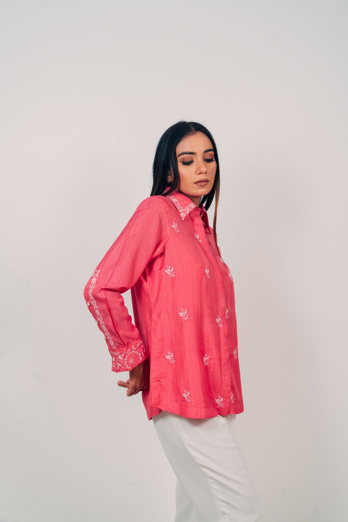 Fuchsia Pink Pure Silk Highlighted Chikankari Shirt