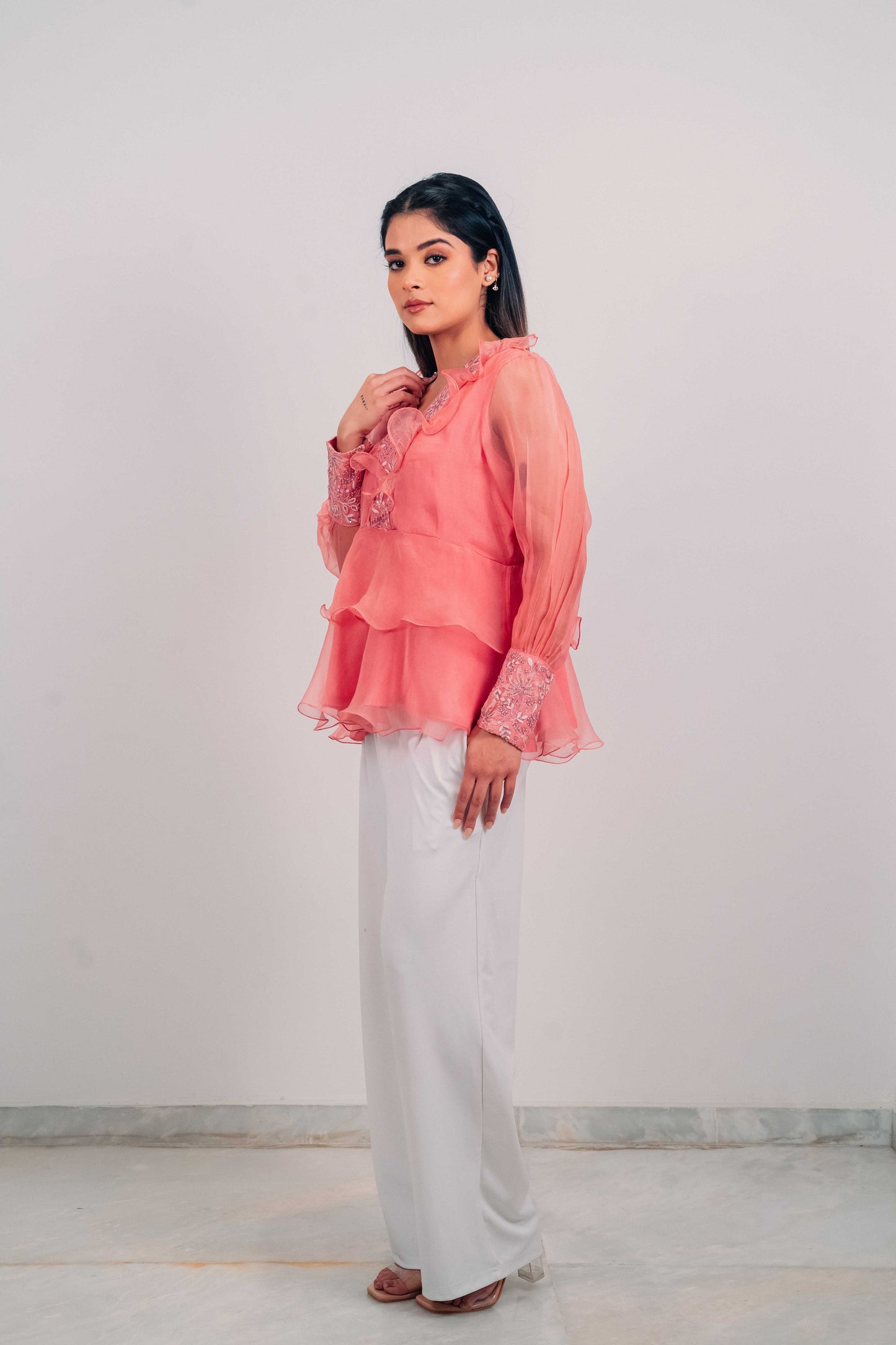 Onion Pink Organza Chikankari Peplum Top