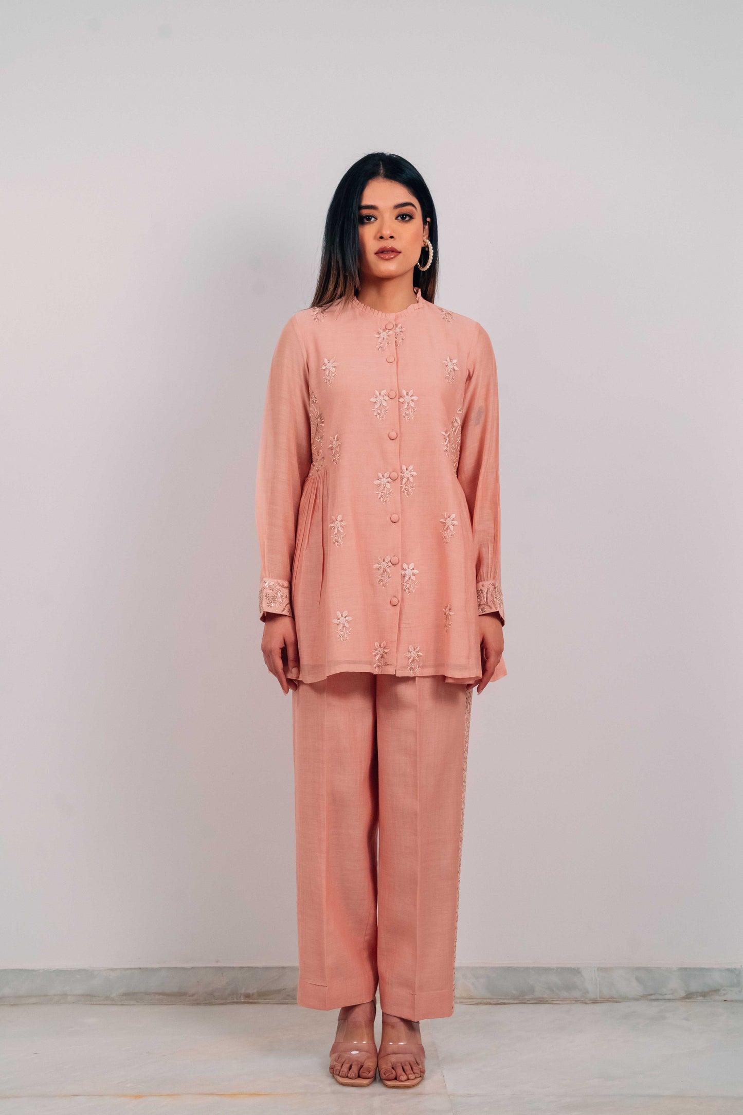 Peach Mul Chanderi Gather Detail Co-Ord Set