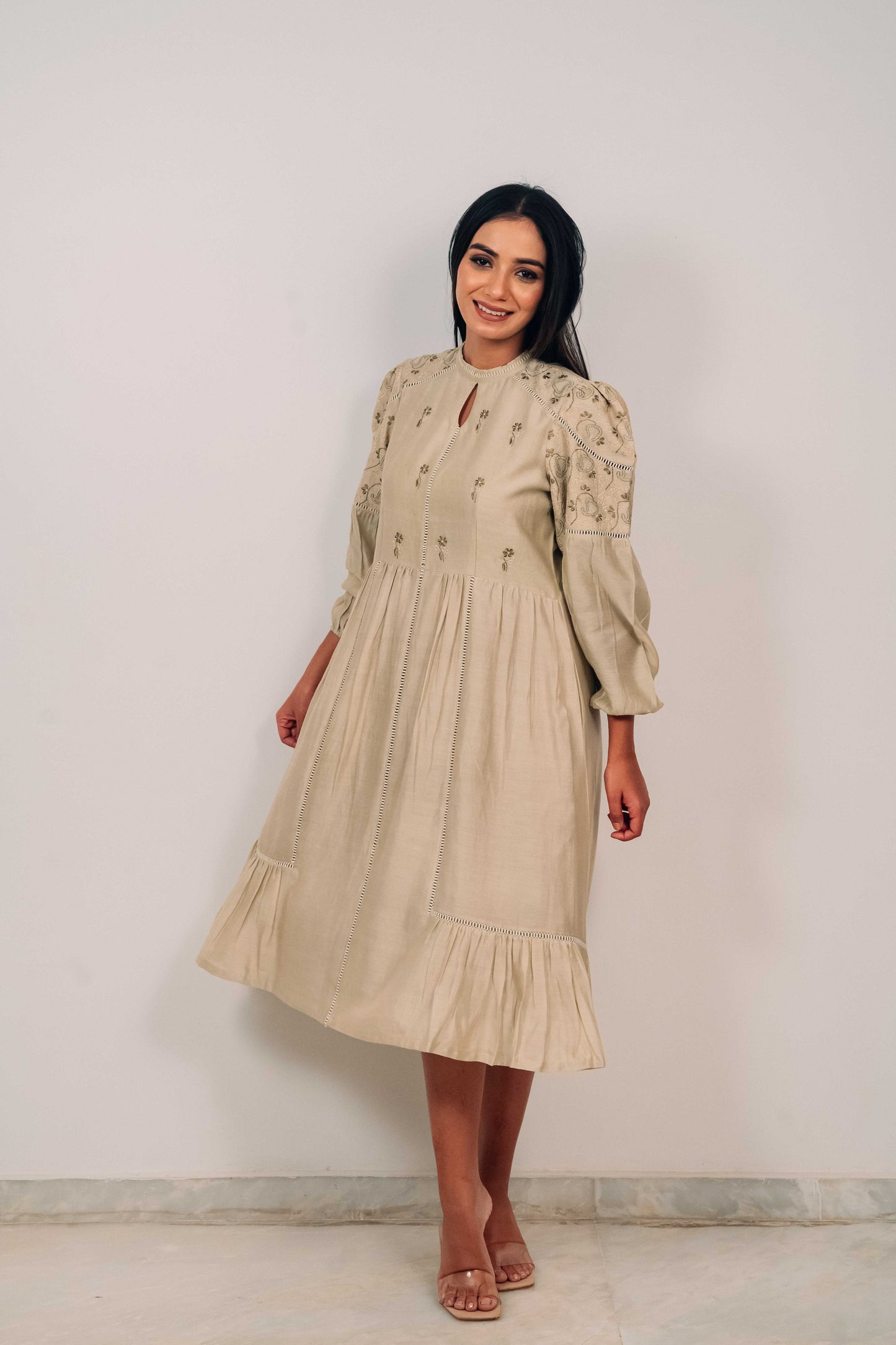 Light Olive Chanderi Jaali Dress