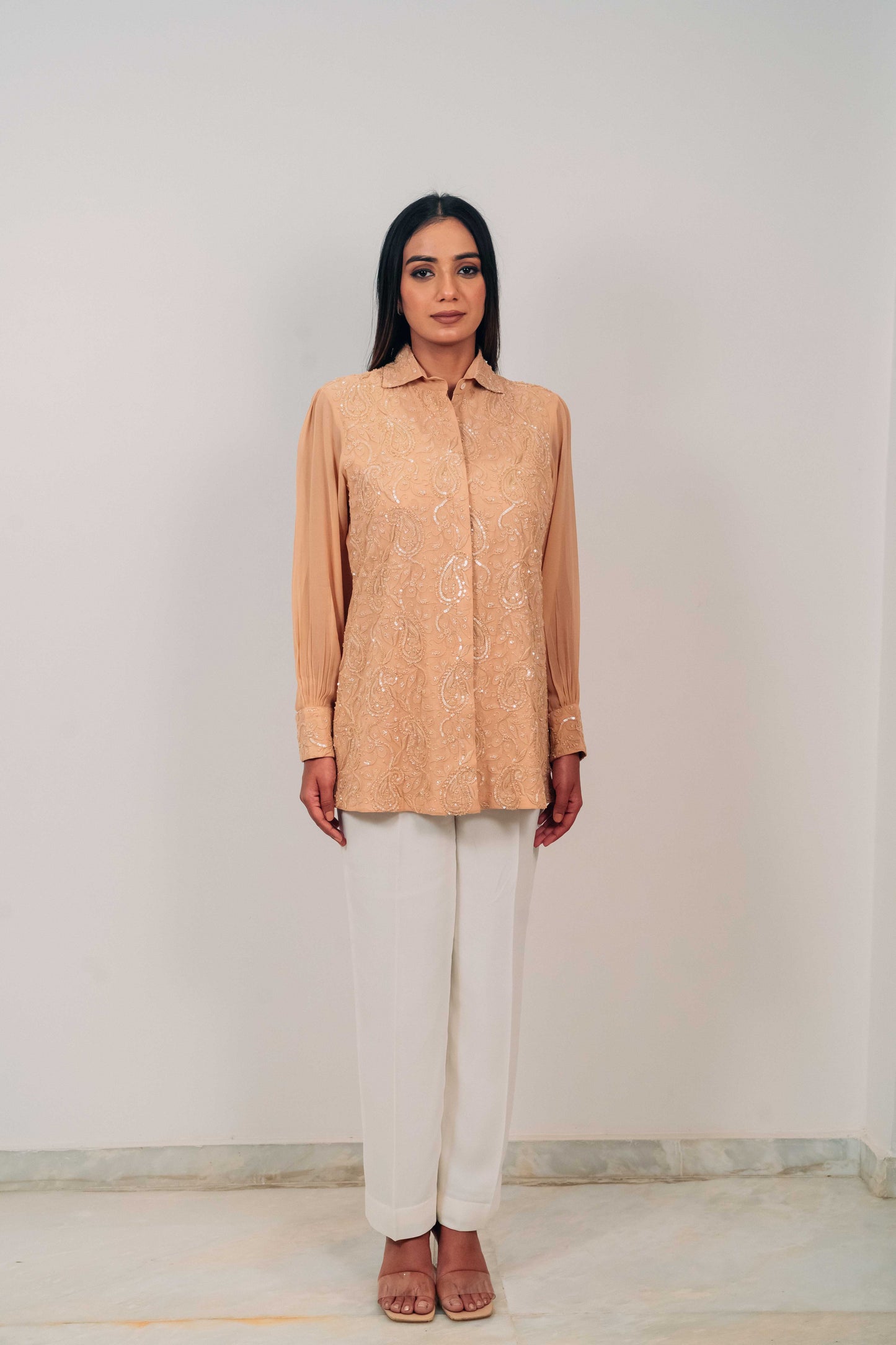 Light Brown Pure Georgette Highlighted Chikankari Shirt