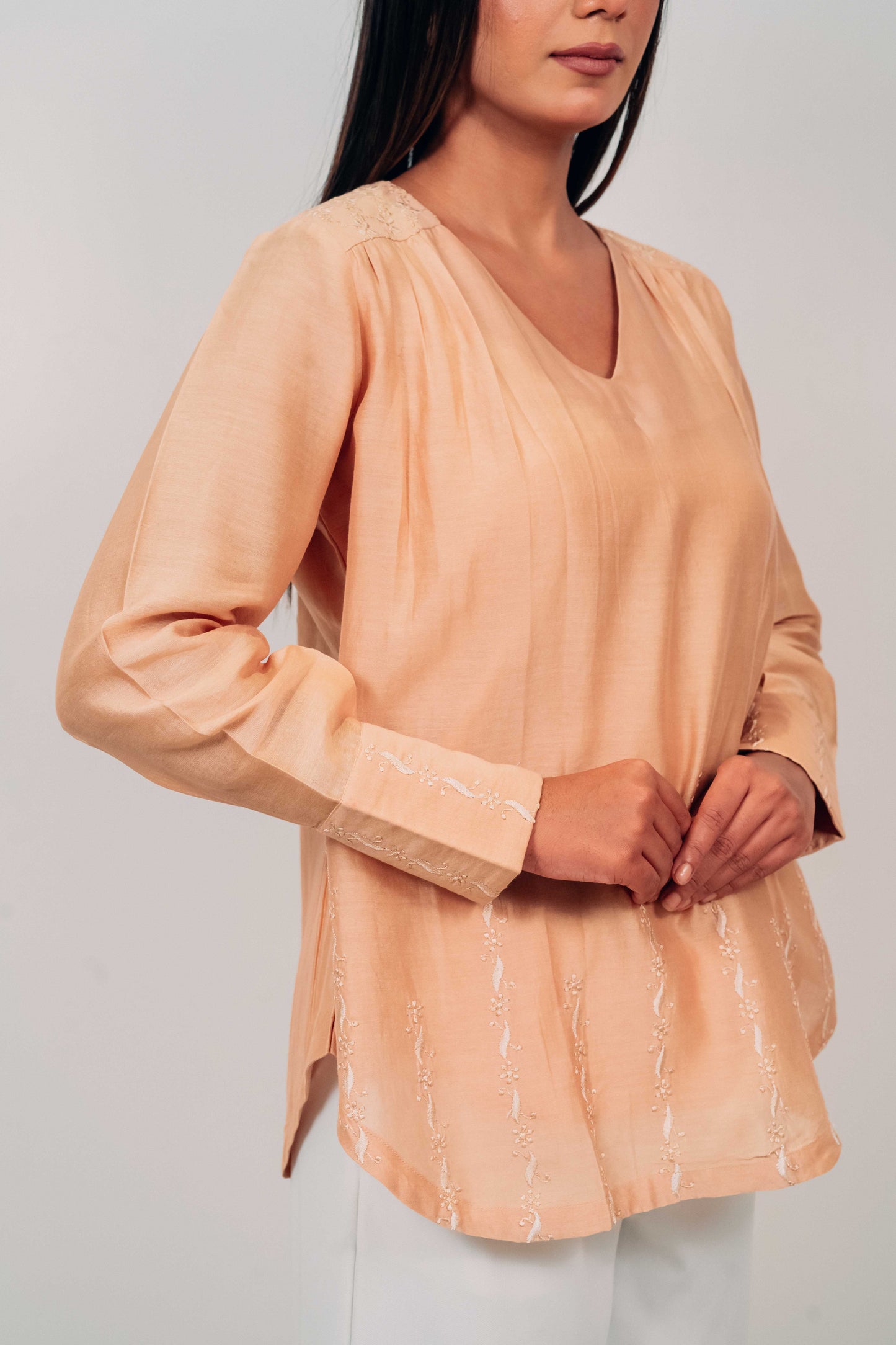 Light Brown Chanderi Silk U-Shaped Hem Top