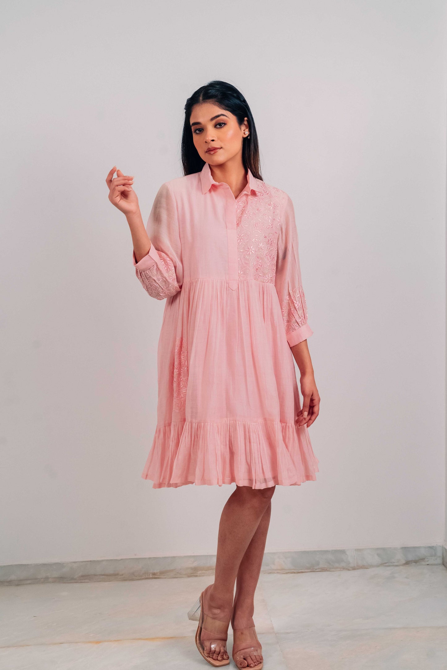 Baby Pink Mul Chanderi Short Tier Dress