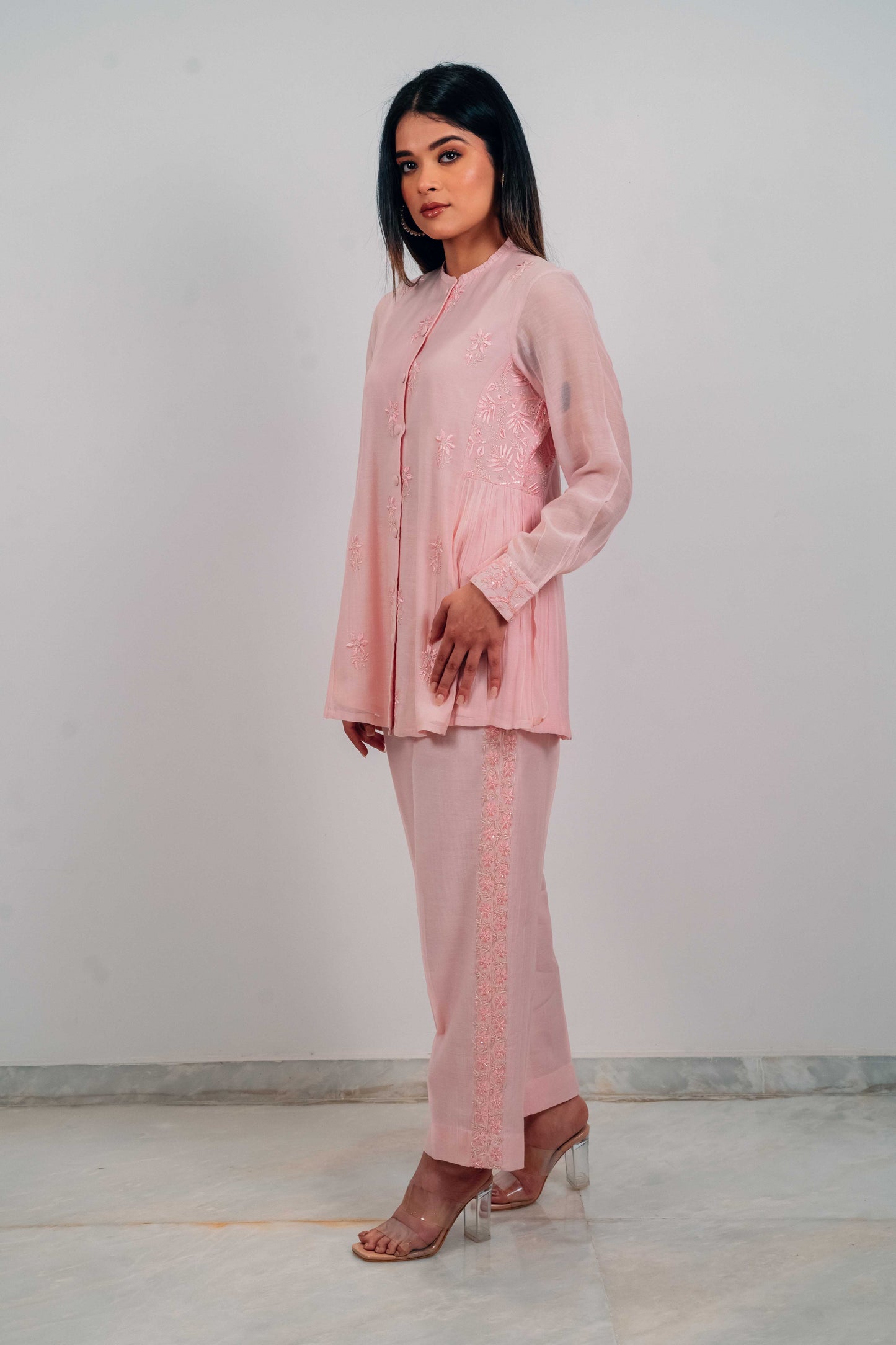 Baby Pink Mul Chanderi Gather Detail Co-Ord Set