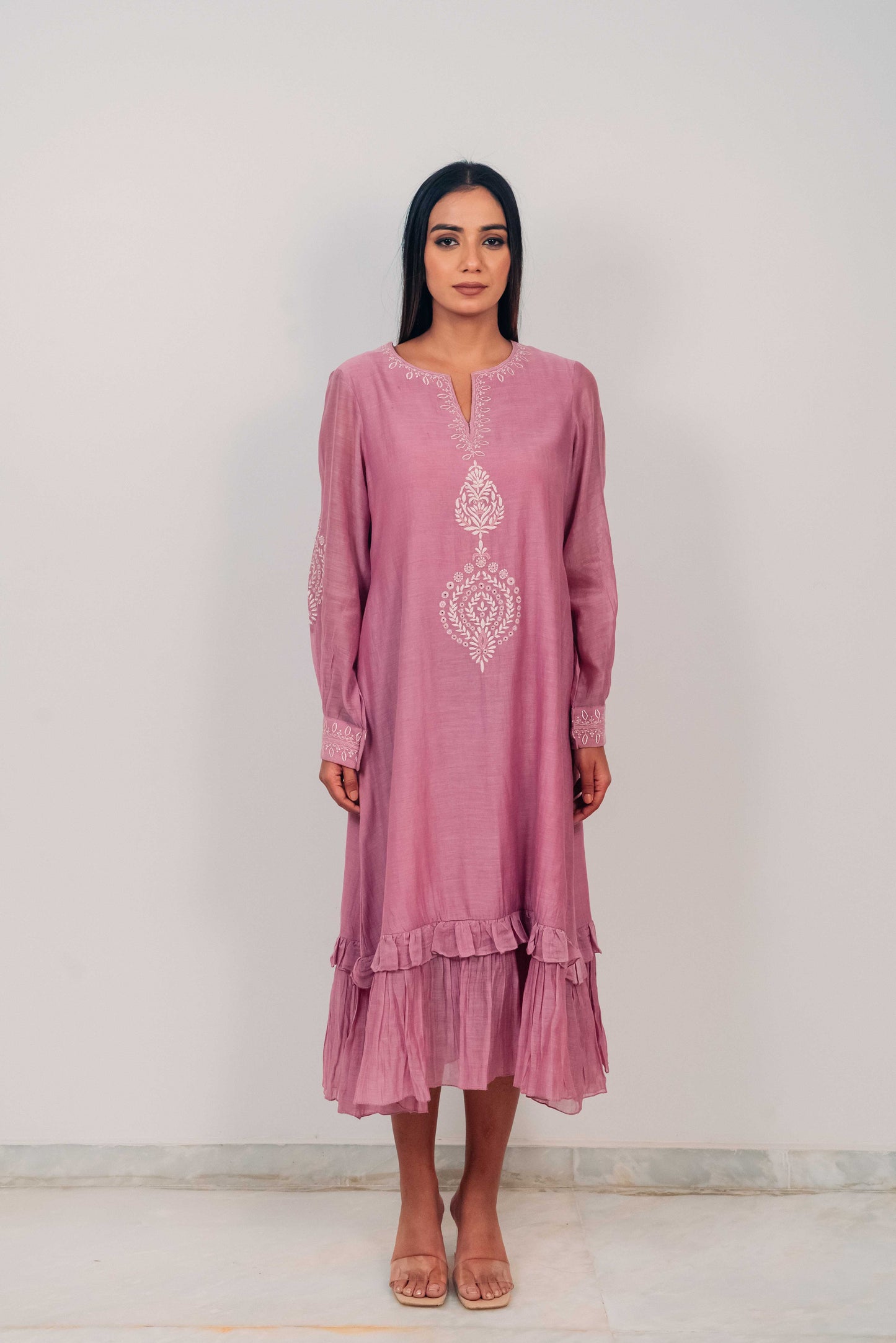 Mauve Purple Mul Chanderi Double Frill Long Dress