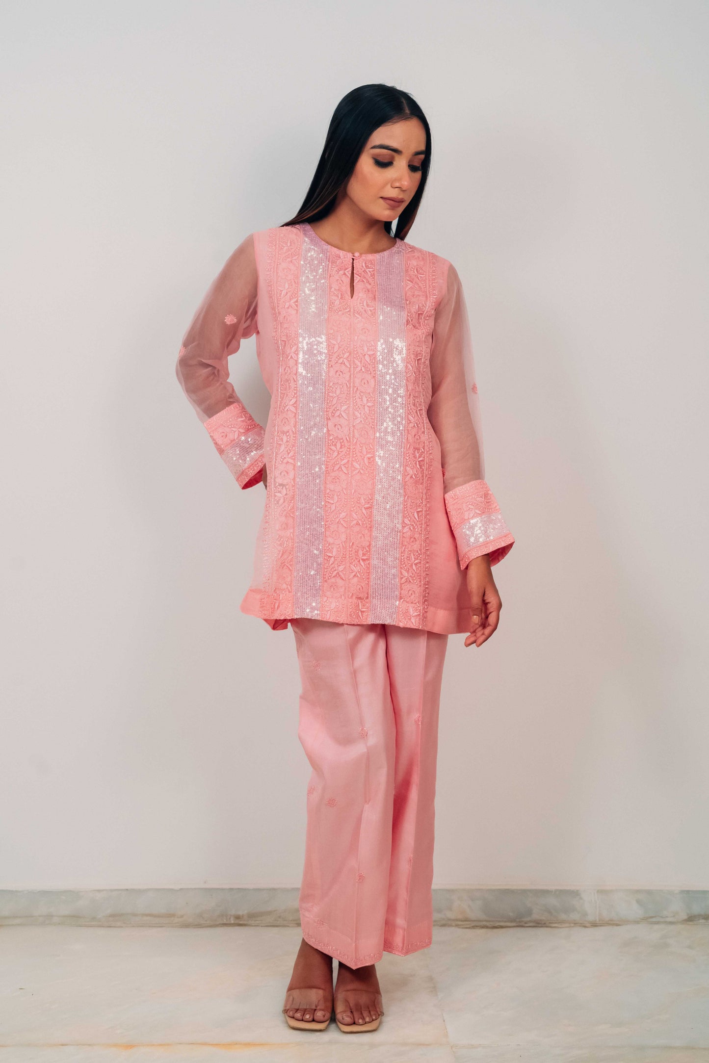 Pink Organza and Silk Chikankari Co-Ord Set