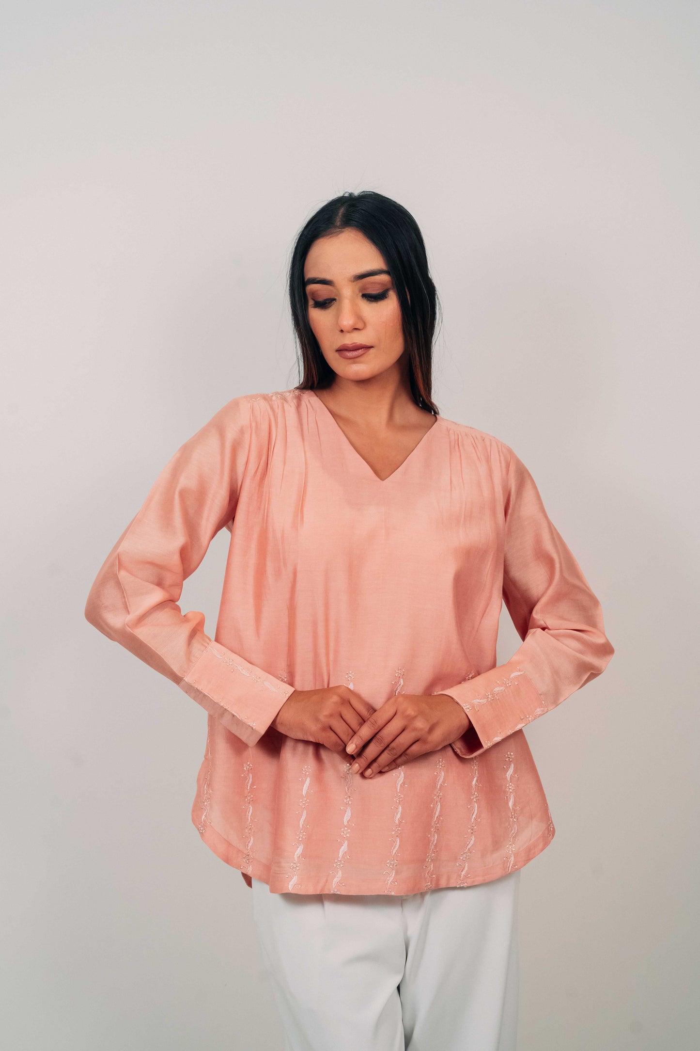 Peach Chanderi Silk U-Shaped Hem Top