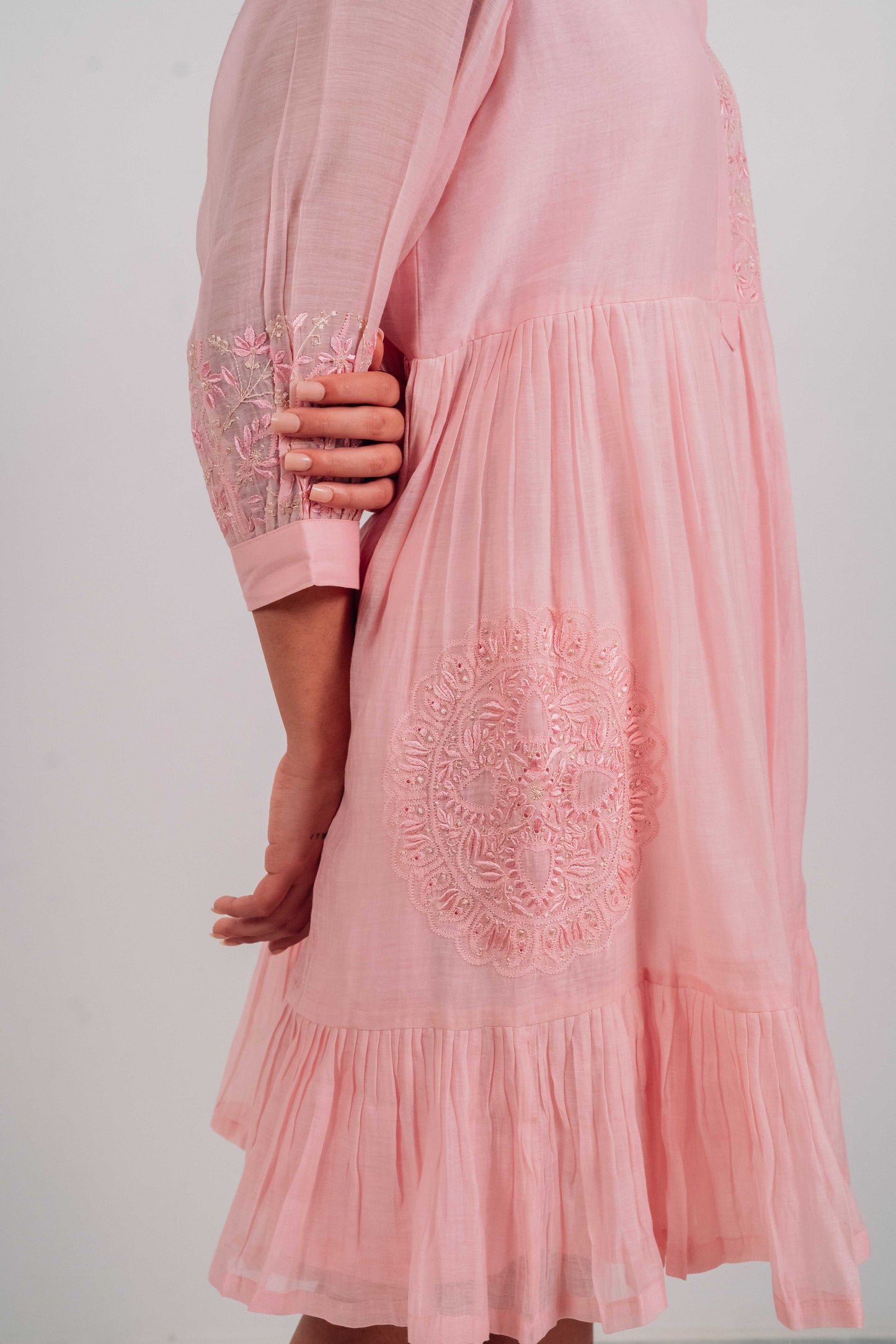 Baby Pink Mul Chanderi Short Tier Dress