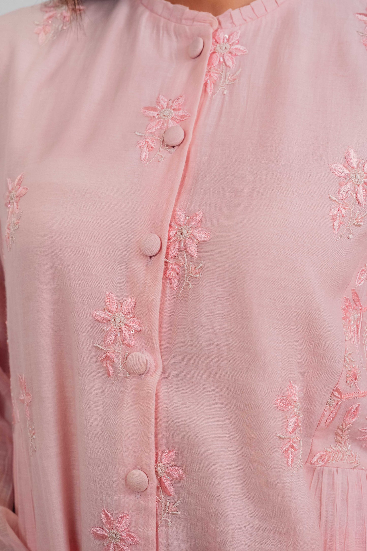 Baby Pink Mul Chanderi Gather Detail Co-Ord Set