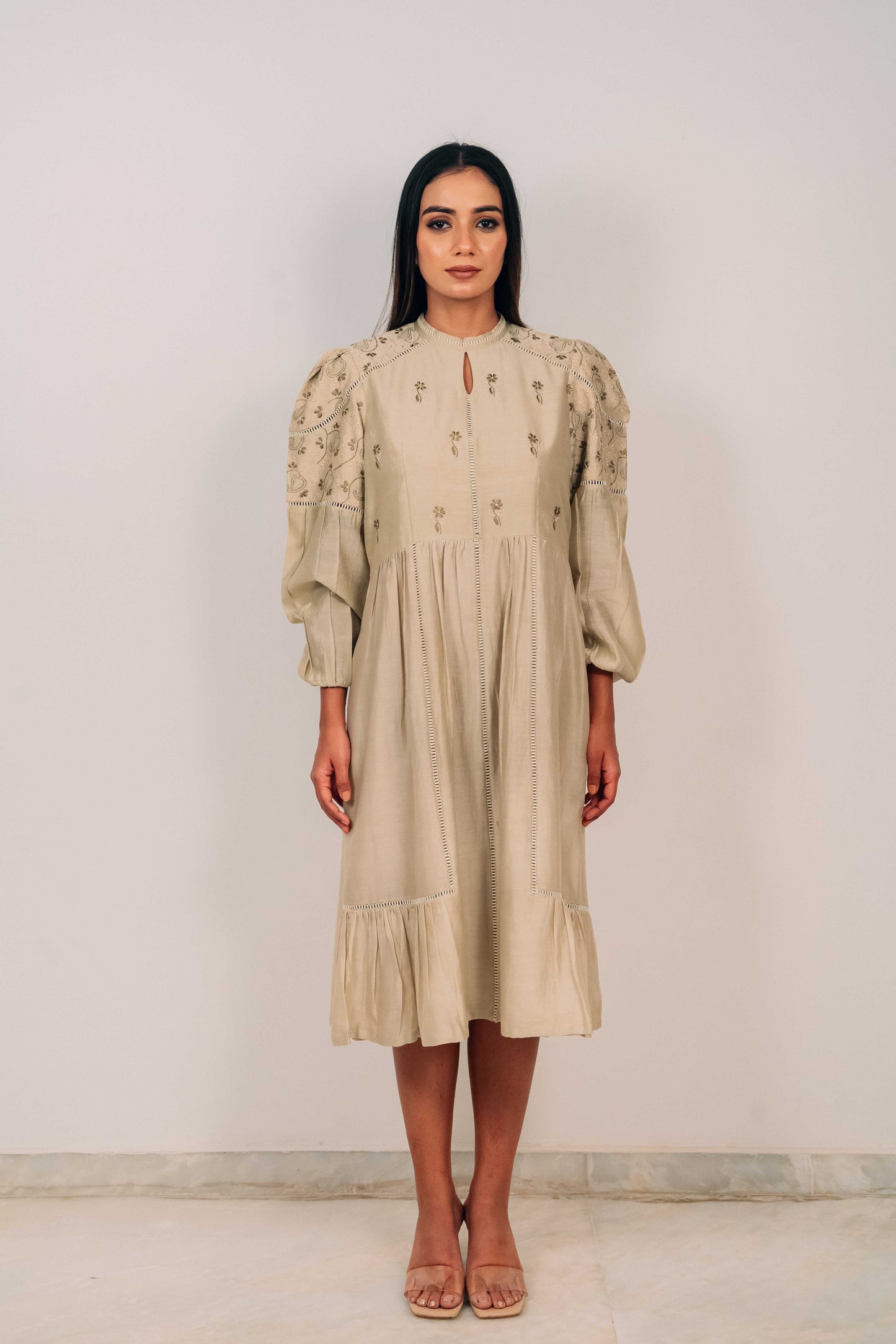 Light Olive Chanderi Jaali Dress