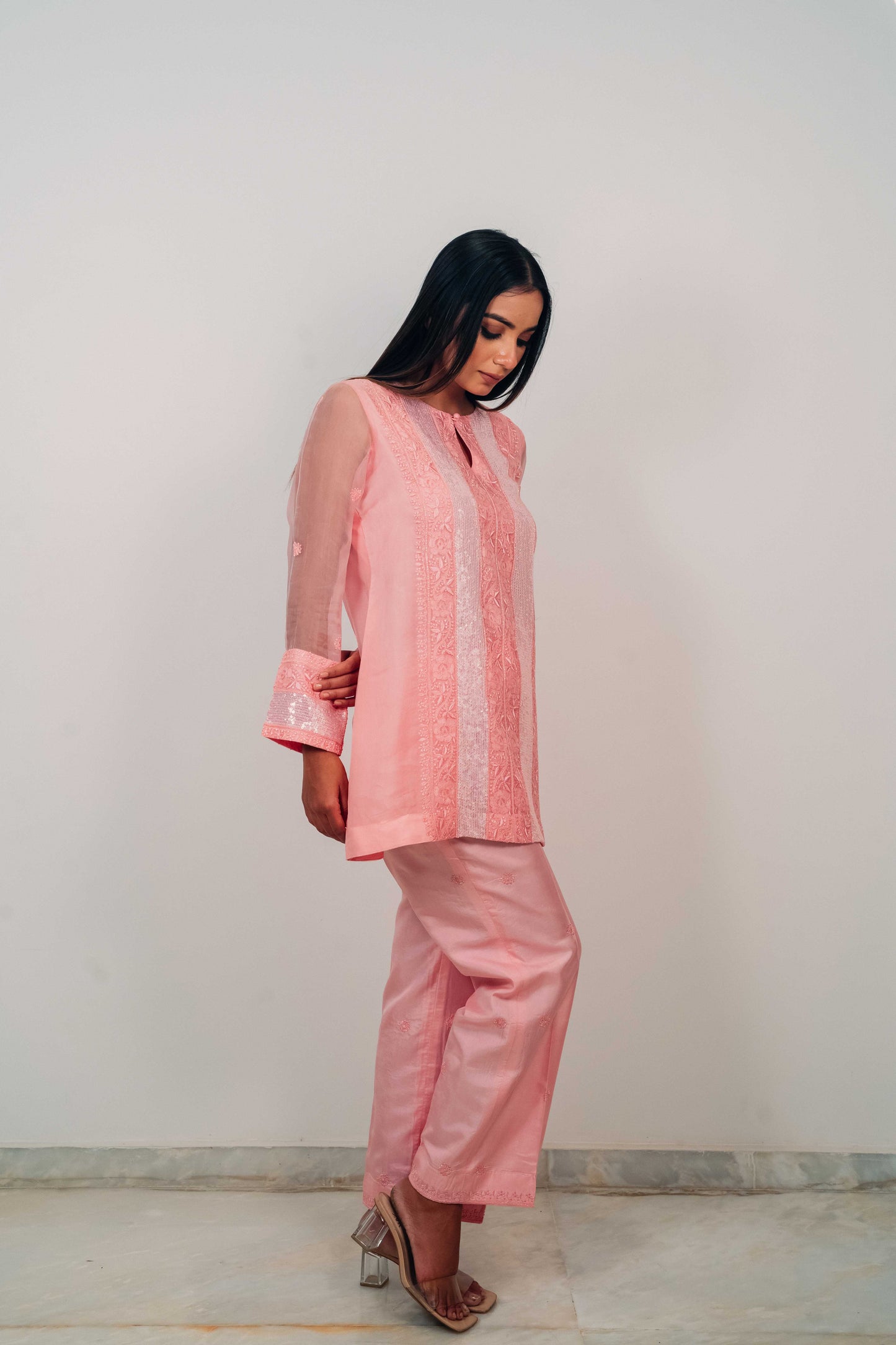 Pink Organza and Silk Chikankari Co-Ord Set