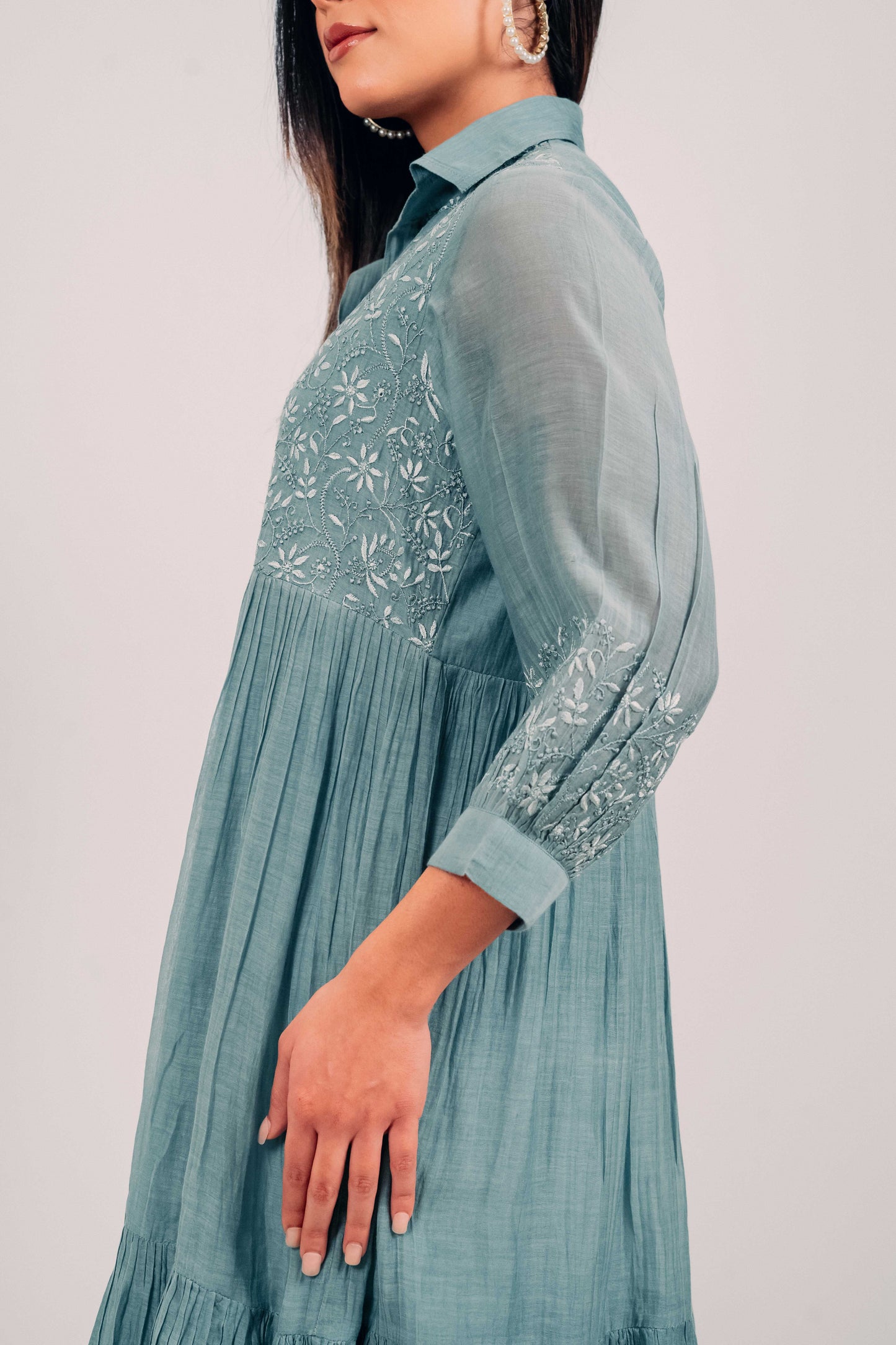 Teal Mul Chanderi Short Tier Dress