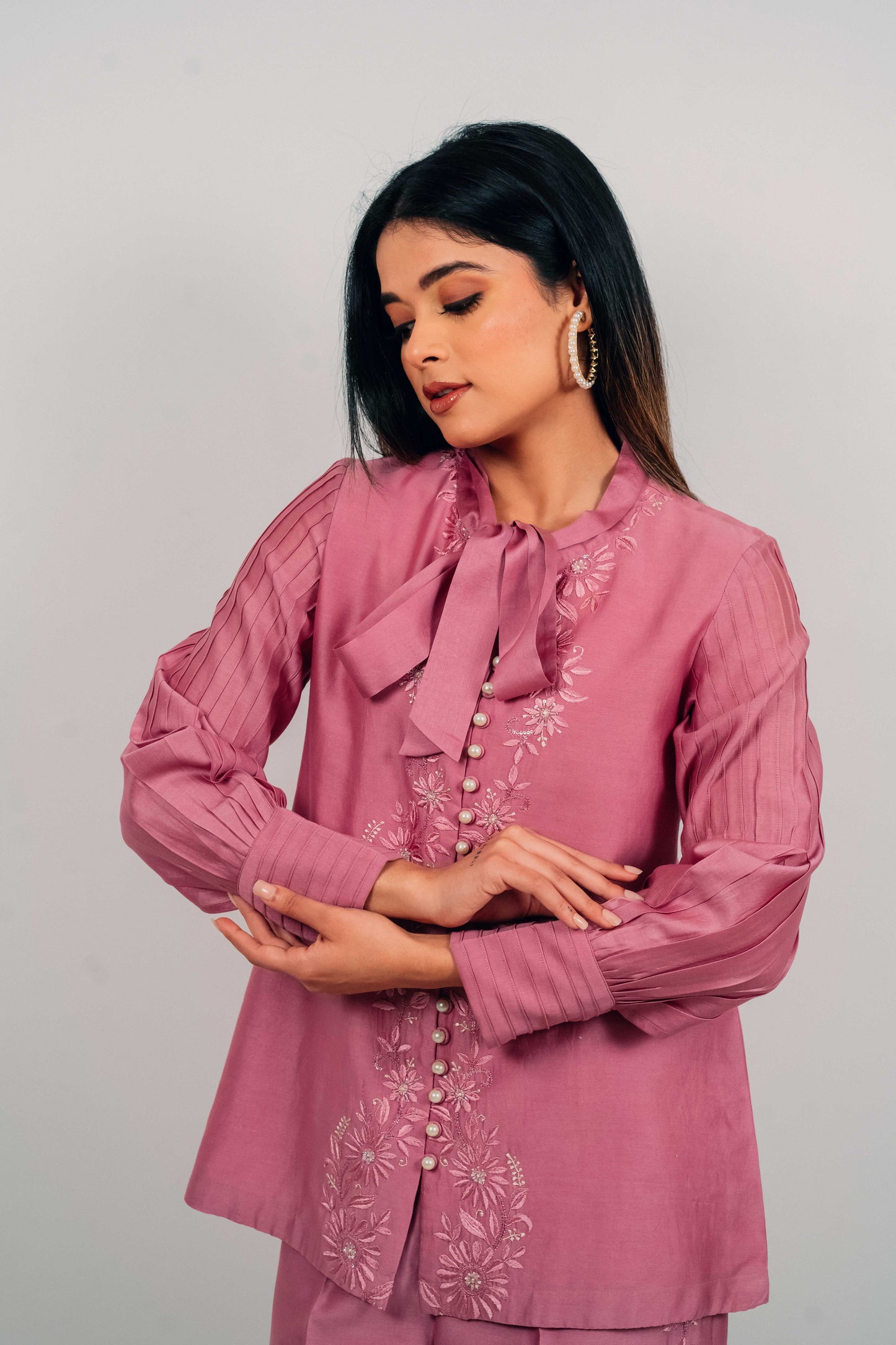 Purple Mauve Chanderi Silk Pearl Button Shirt