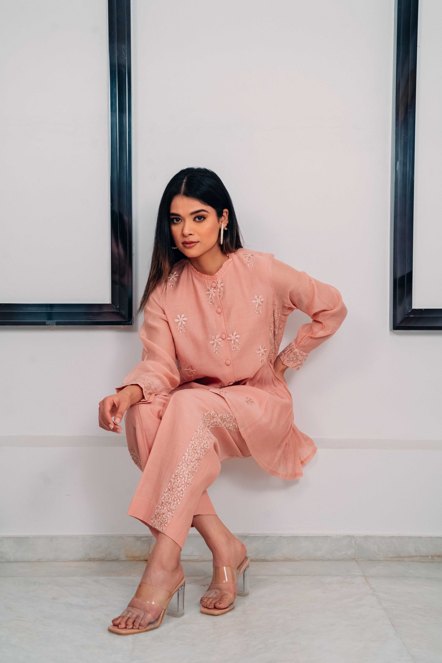 Peach Mul Chanderi Gather Detail Co-Ord Set