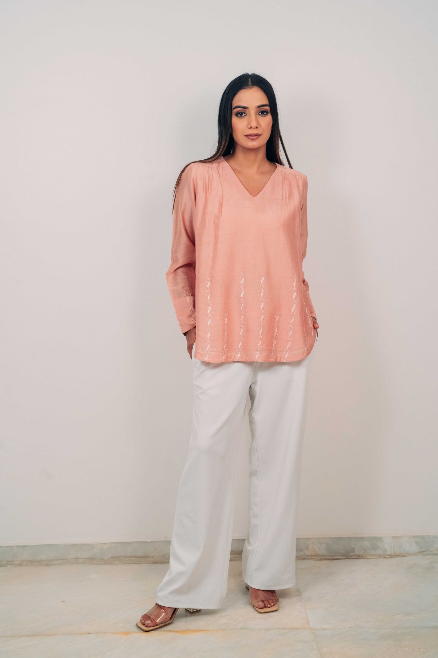 Peach Chanderi Silk U-Shaped Hem Top