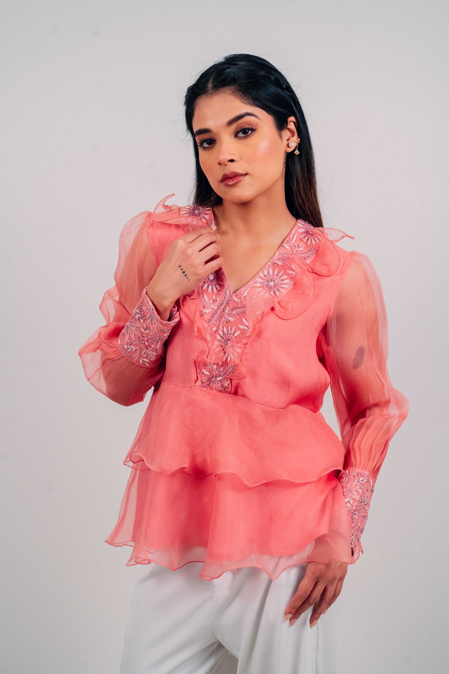 Onion Pink Organza Chikankari Peplum Top