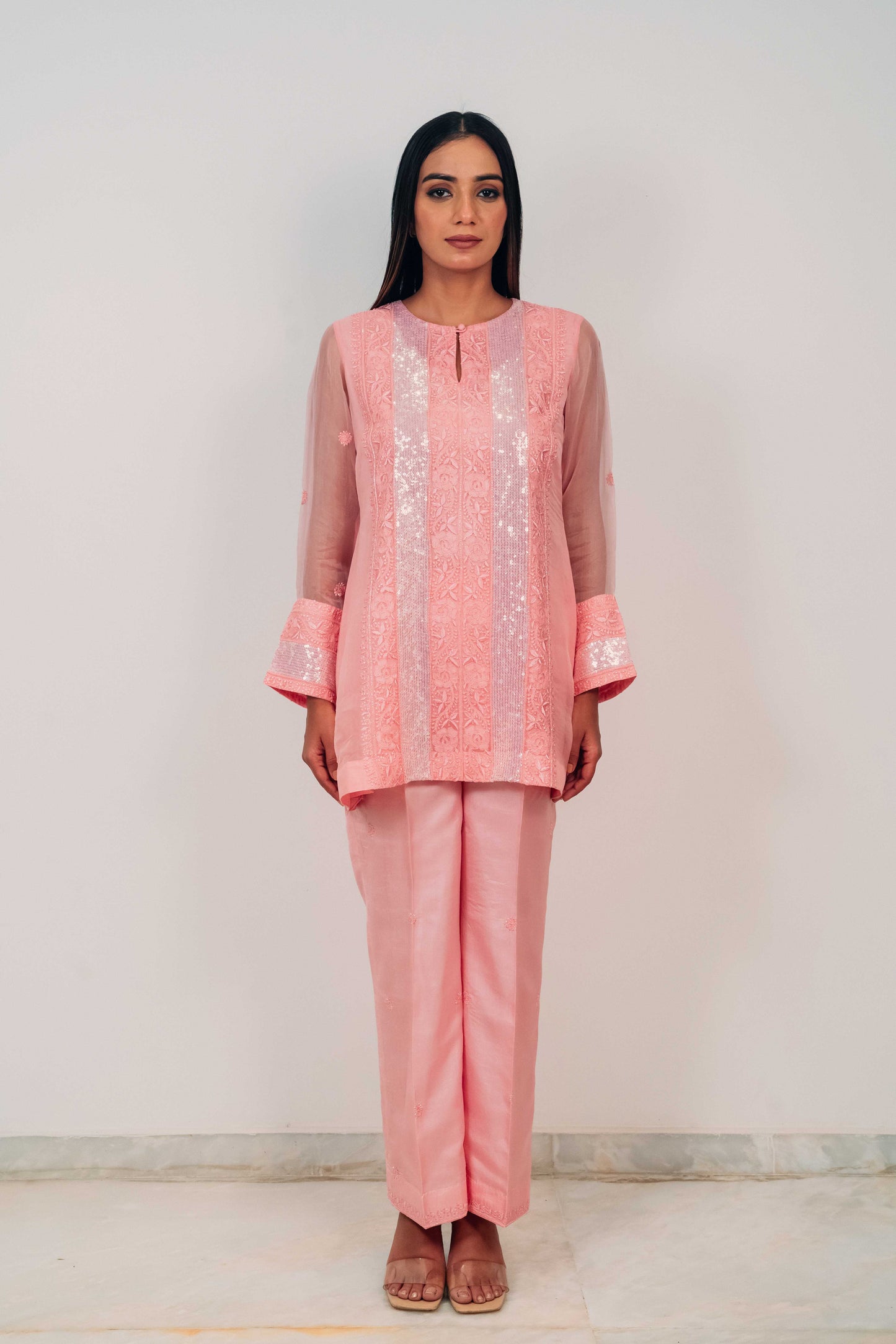 Pink Organza and Silk Chikankari Co-Ord Set