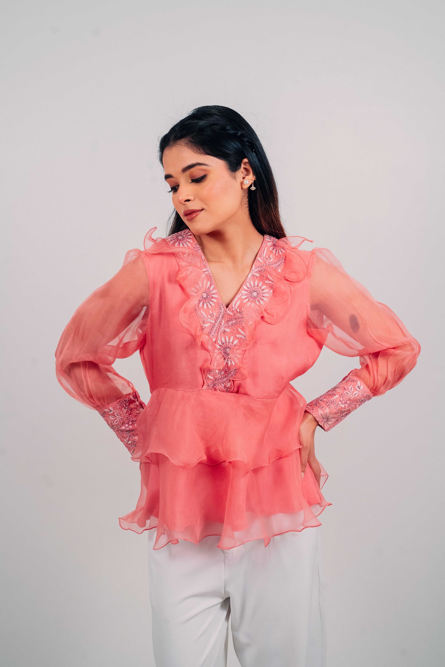 Onion Pink Organza Chikankari Peplum Top