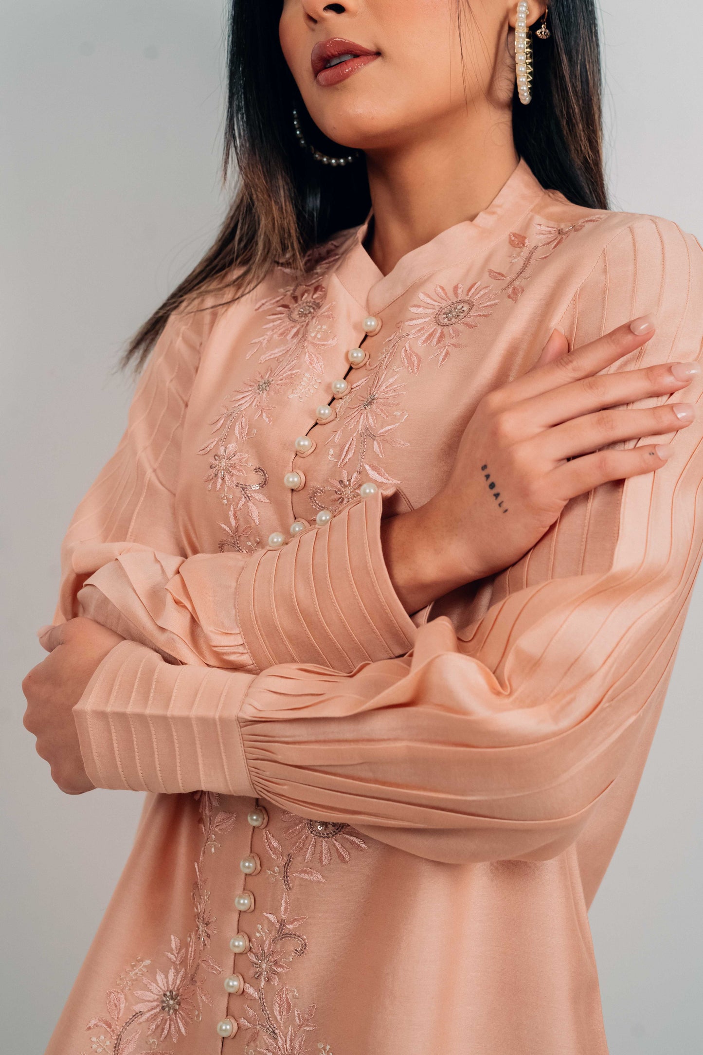 Peach Chanderi Silk Pearl Button Shirt