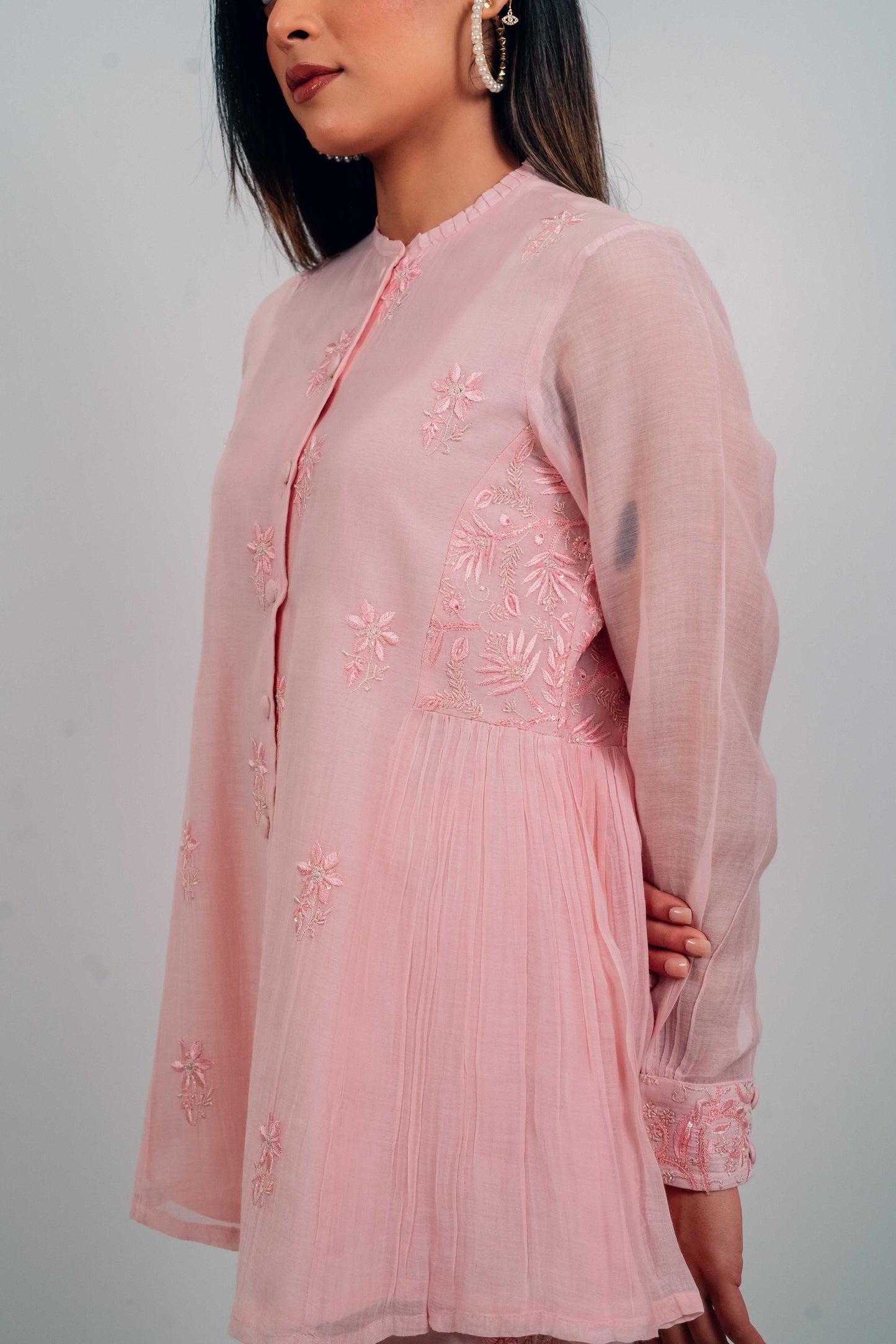 Baby Pink Mul Chanderi Gather Detail Co-Ord Set