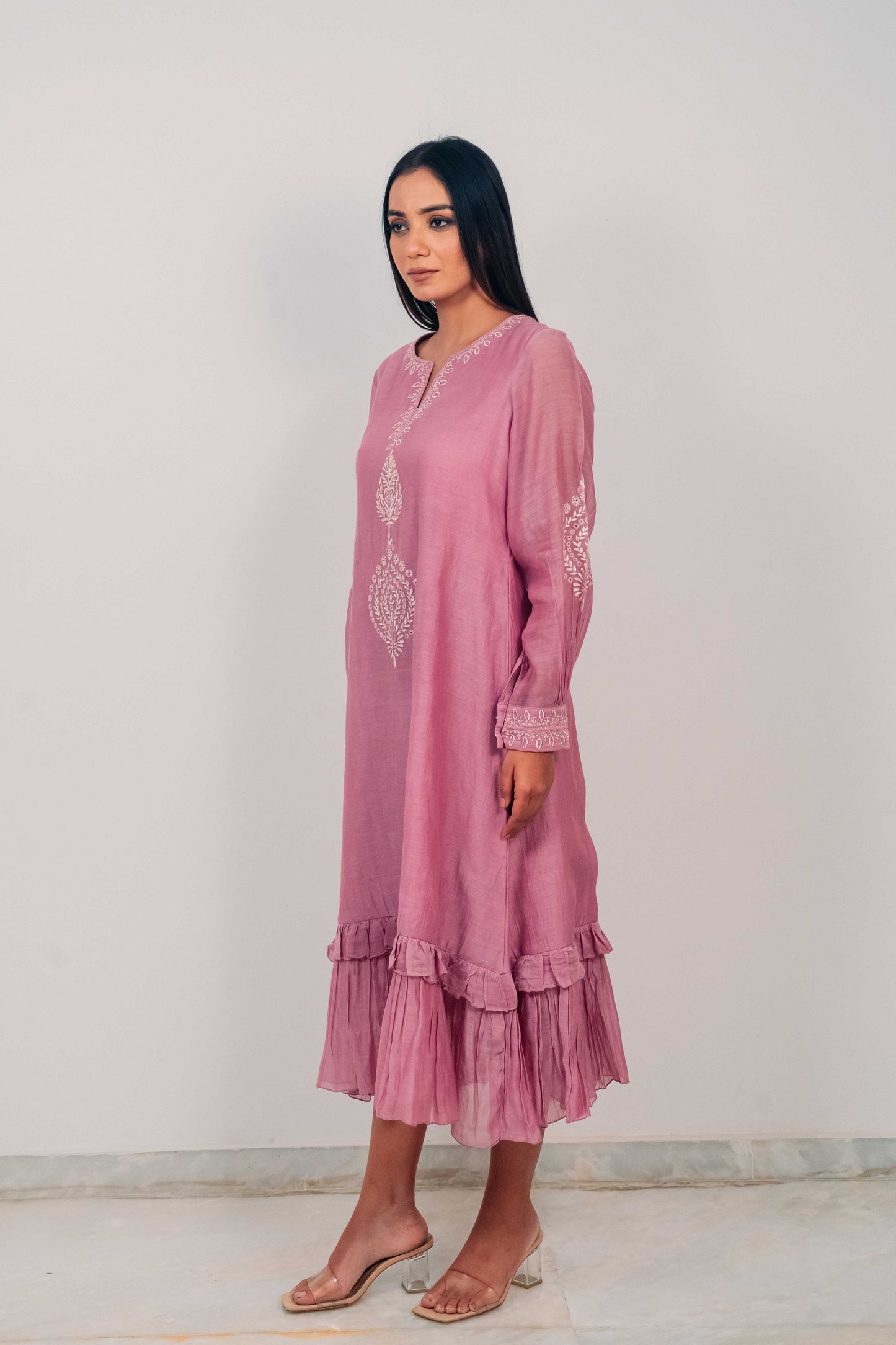 Mauve Purple Mul Chanderi Double Frill Long Dress