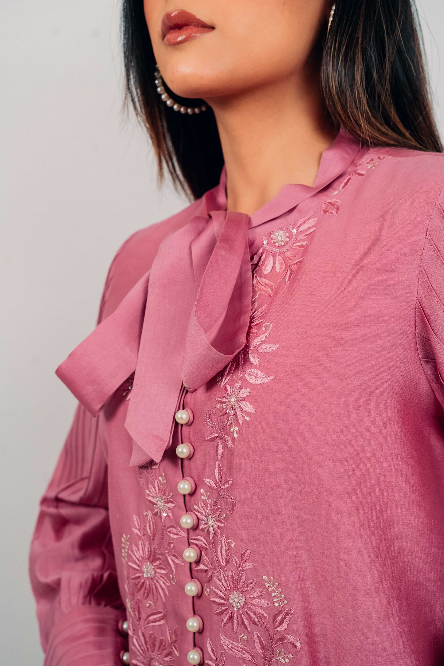 Purple Mauve Chanderi Silk Pearl Button Shirt