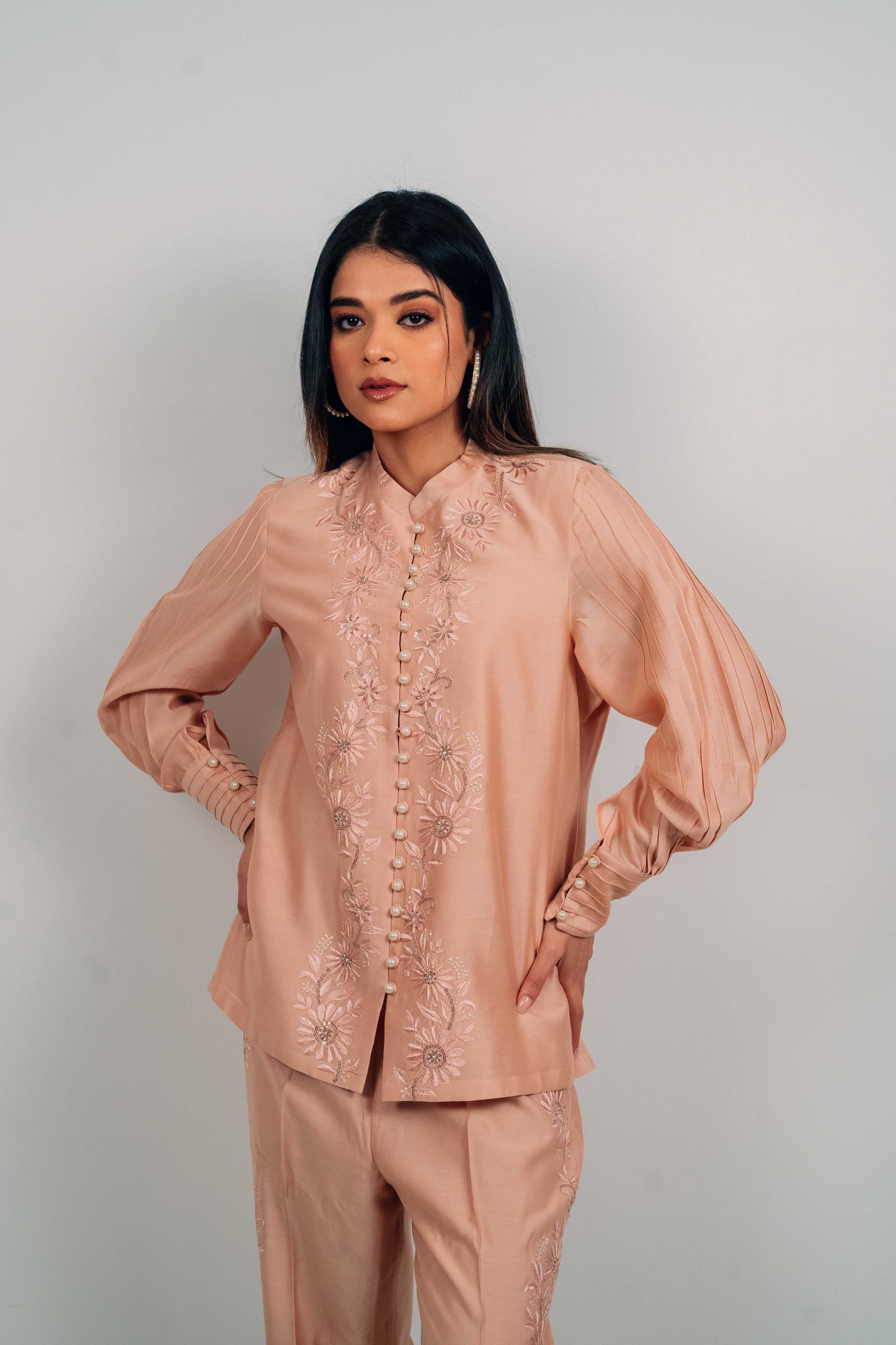 Peach Chanderi Silk Pearl Button Shirt