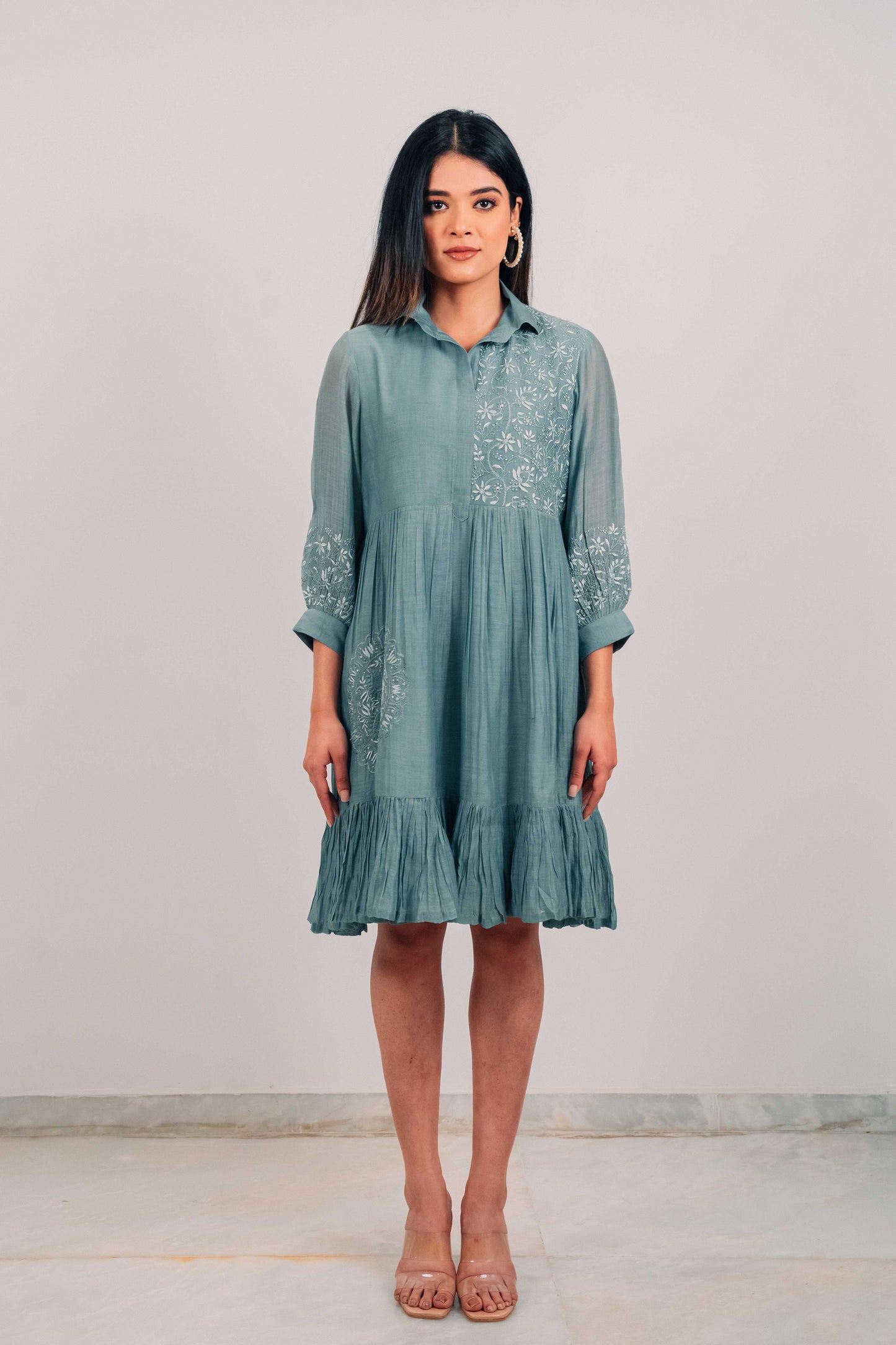 Teal Mul Chanderi Short Tier Dress