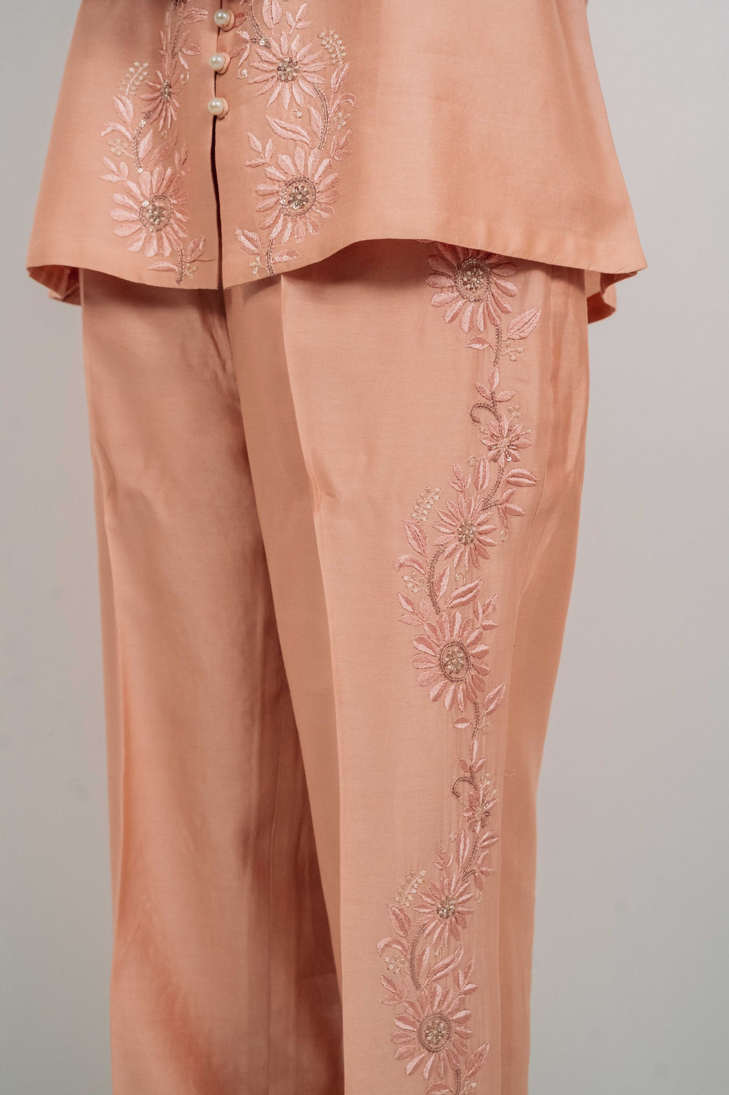 Peach Chanderi Silk Pearl Button Co-Ord Set