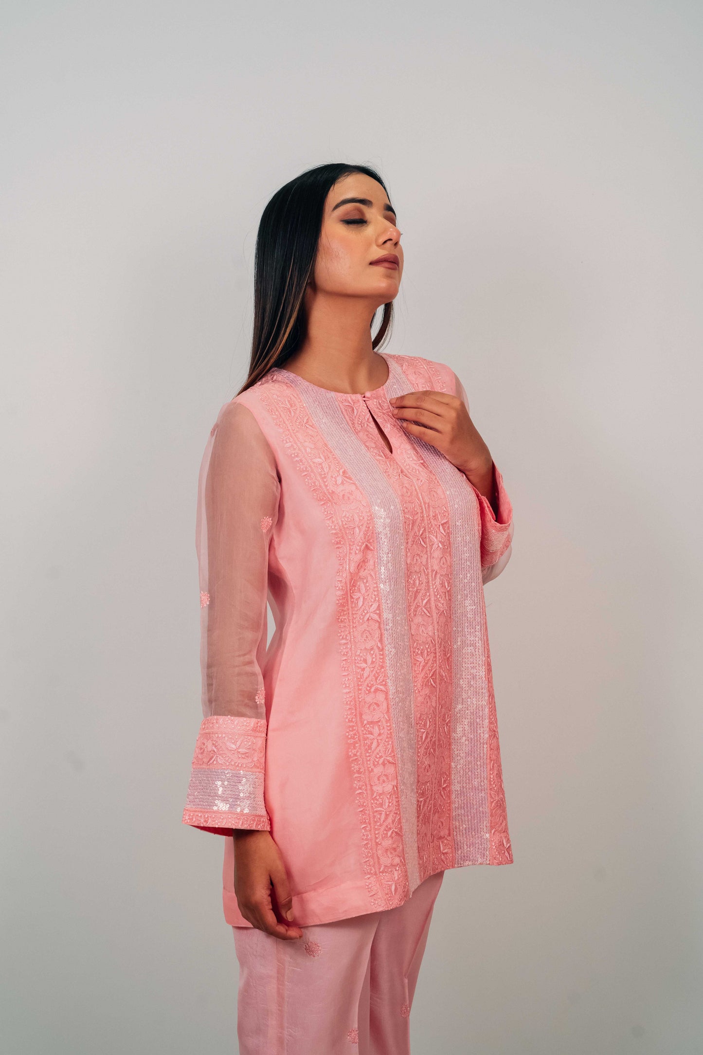 Pink Organza and Silk Chikankari Co-Ord Set