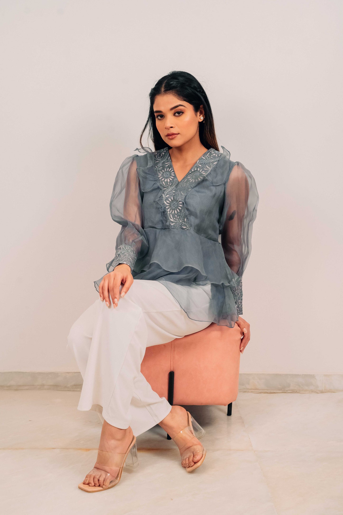 Slate Grey Organza Chikankari Peplum Top