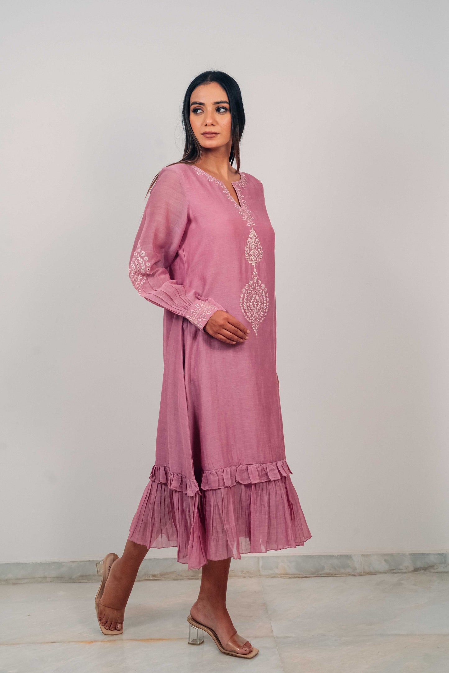 Mauve Purple Mul Chanderi Double Frill Long Dress