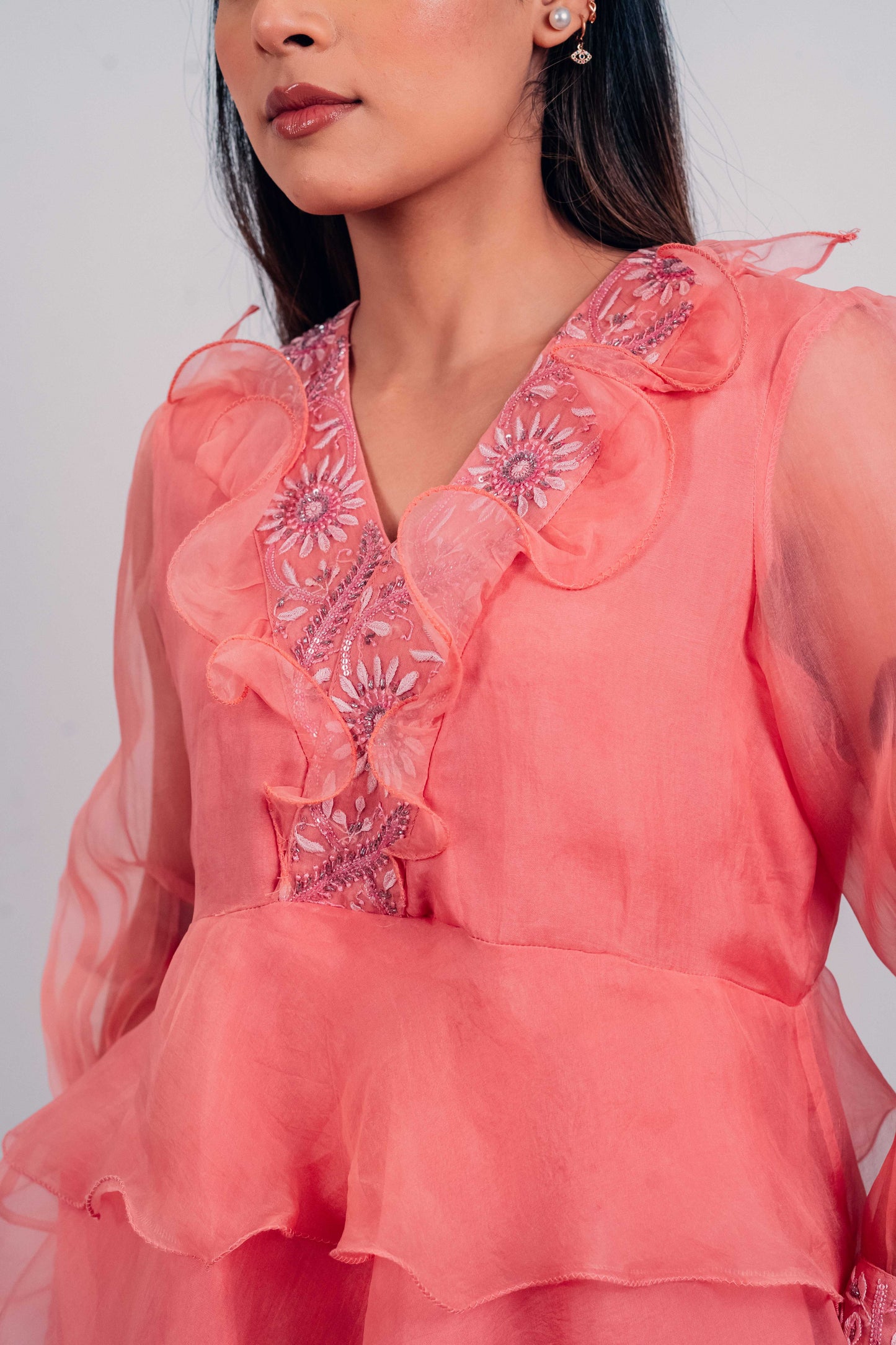 Onion Pink Organza Chikankari Peplum Top